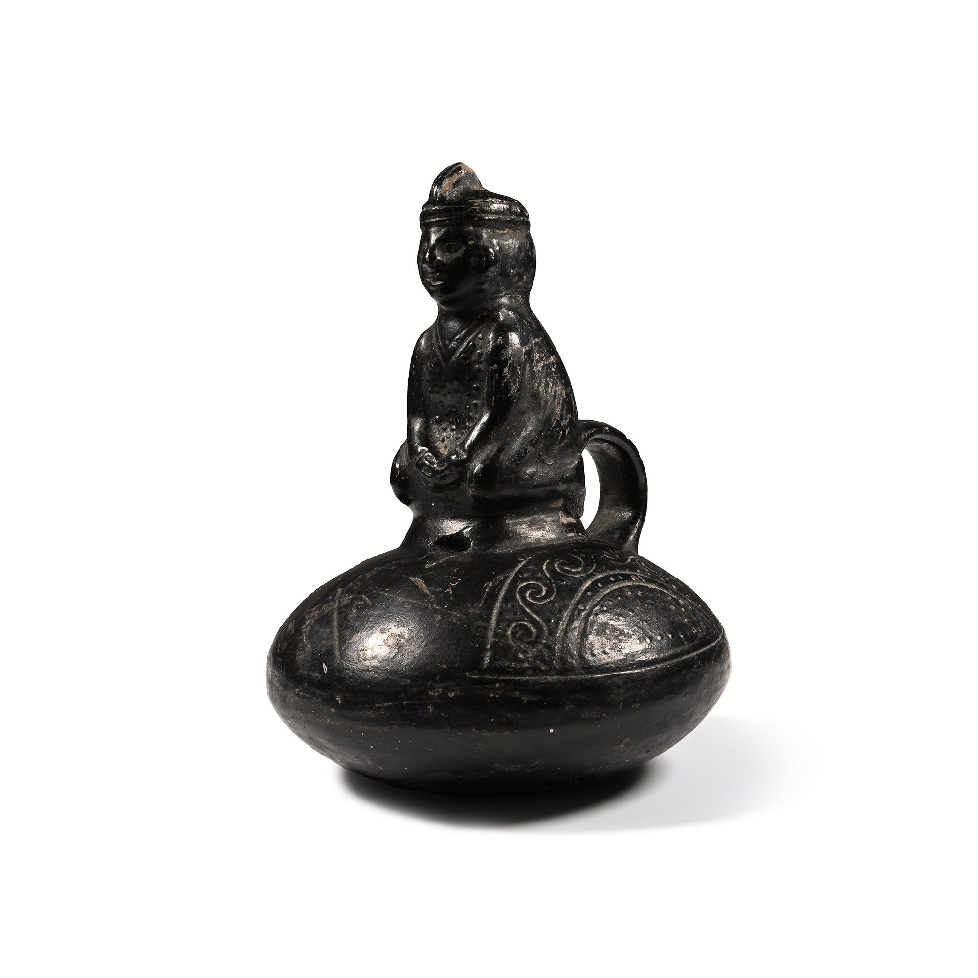 Pre Columbian Black Ware Vessel with Kneeling Figure