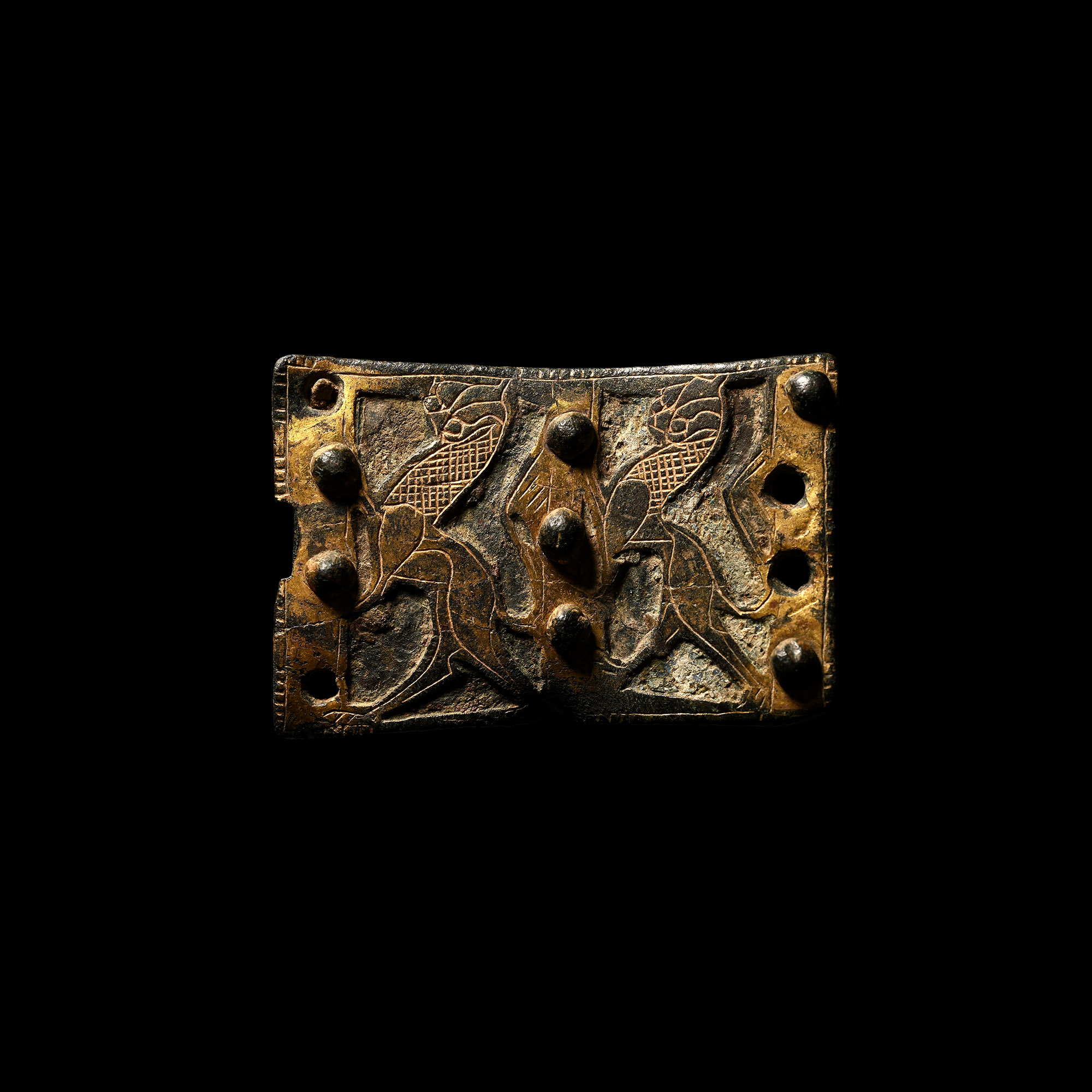 Medieval Henry II Period 'Aubigny Family, Chief Butlers of England' Heraldic Gilt Bronze Strap Fitting