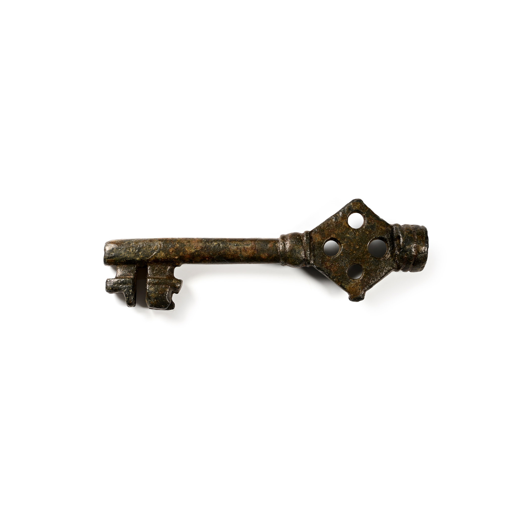 Large Medieval Bronze Door Key with Lozenge-Shaped Handle
