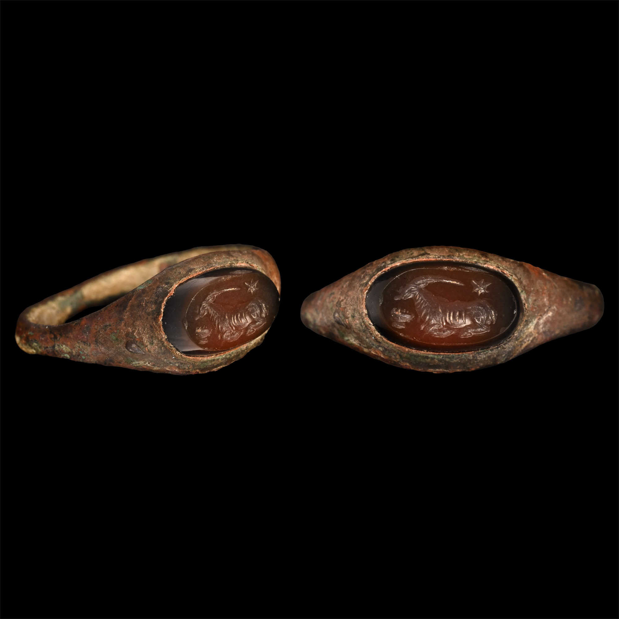 Sassanian Bronze Ring with Ibex Gemstone