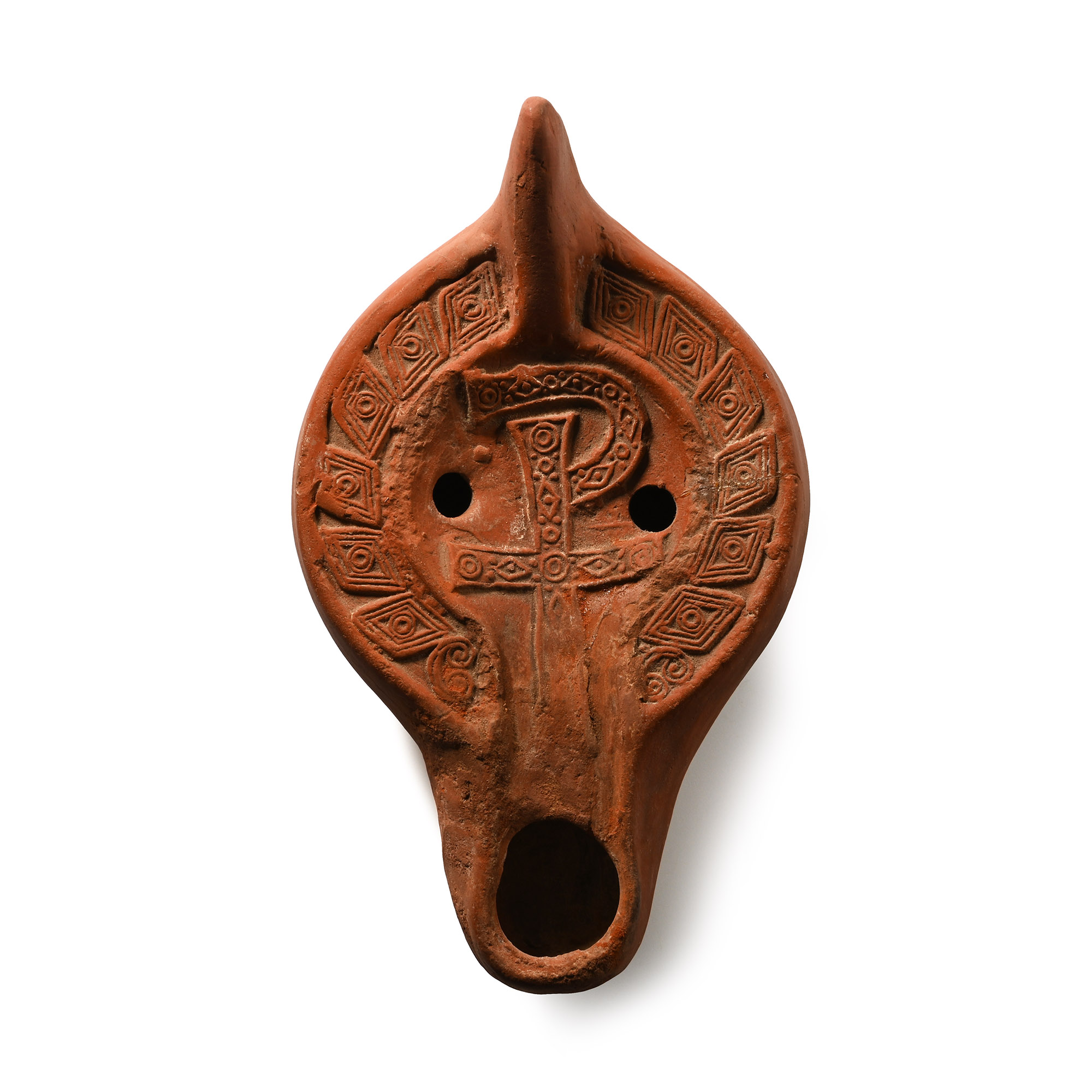 Late Roman Terracotta Oil Lamp with Christogram