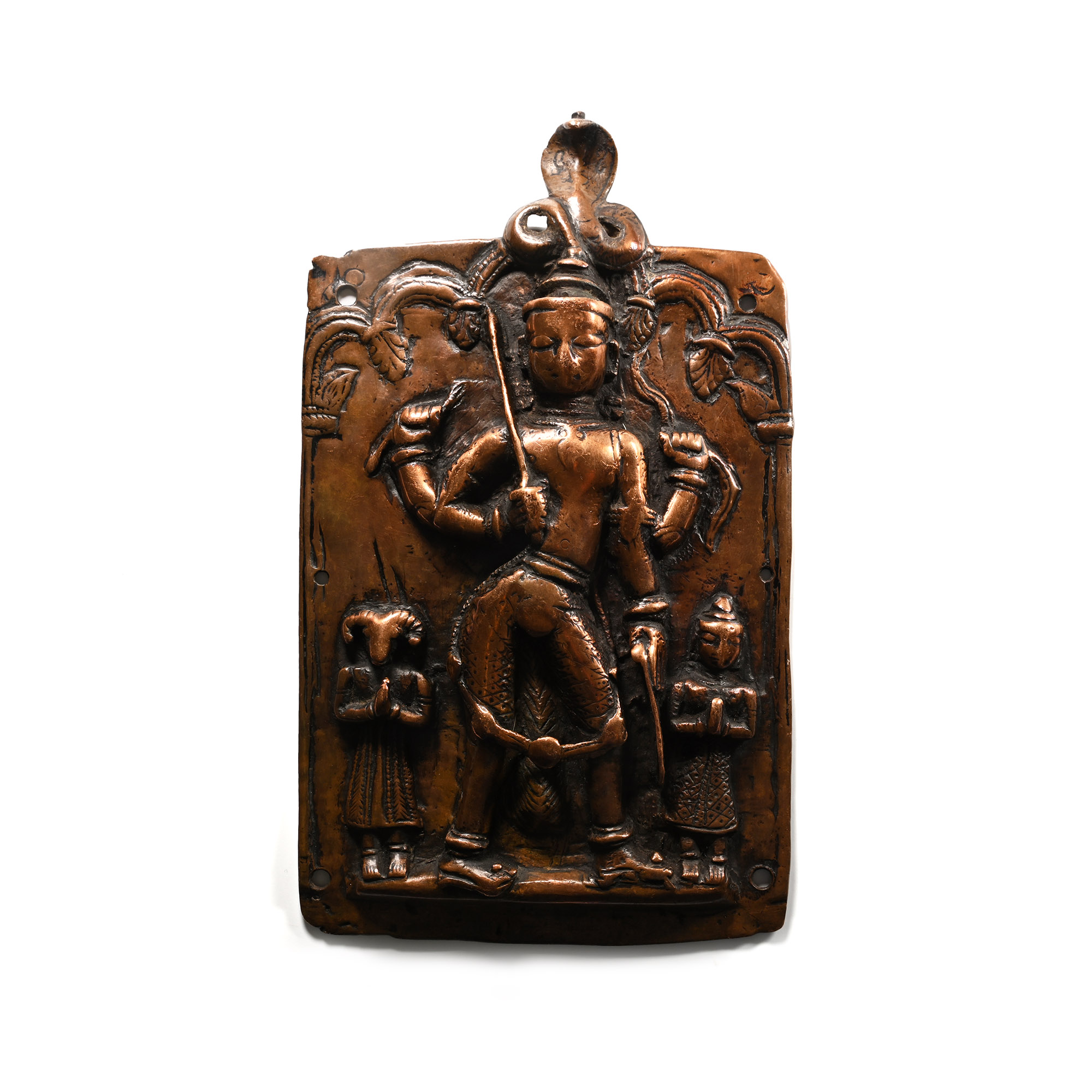 Indian Sacred Copper Plaque with Hindu God and Attendants