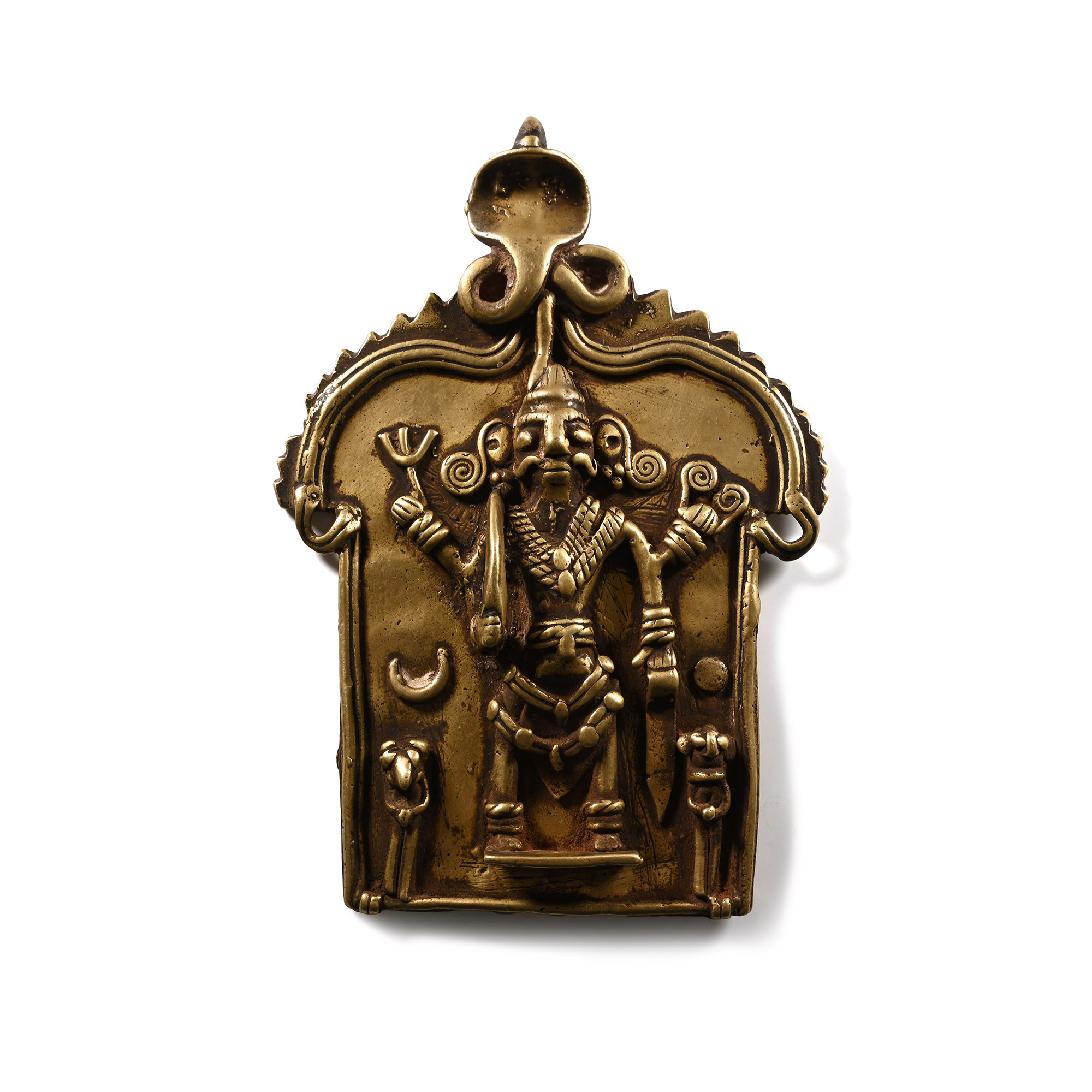 Indian Sacred Copper-Alloy Plaque with Hindu God and Attendants