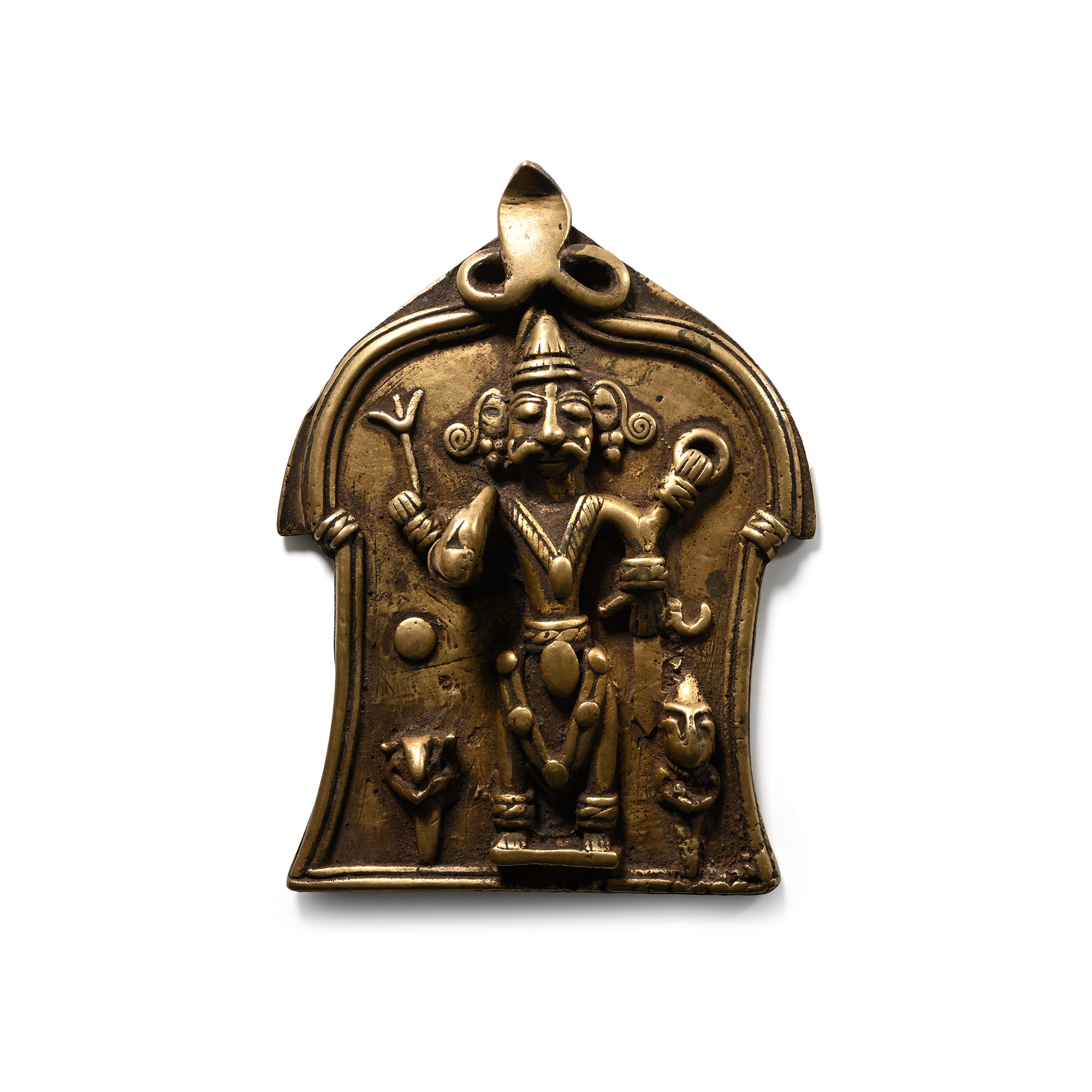 Indian Sacred Copper-alloy Plaque with Hindu God and Attendants