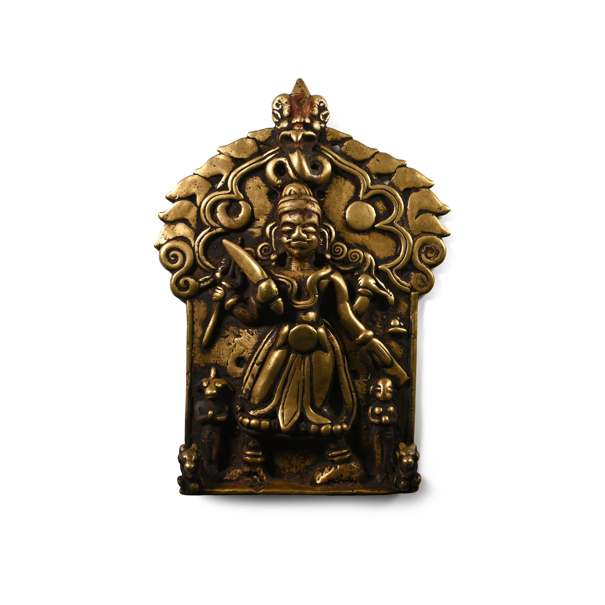 Indian Sacred Copper-alloy Plaque with Hindu God and Attendants