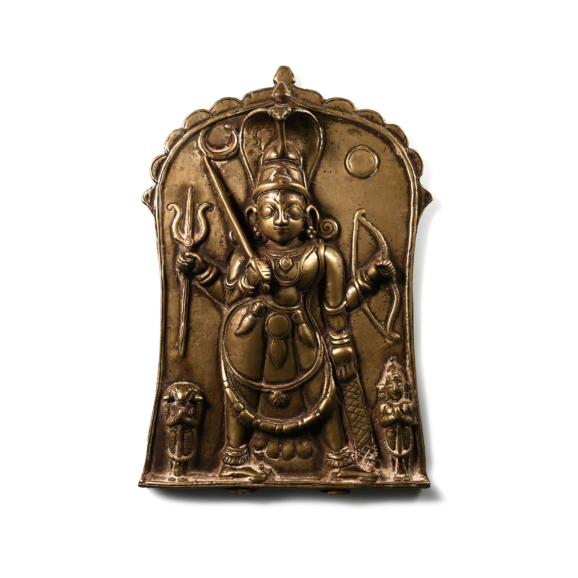 Indian Sacred Copper-alloy Plaque with Hindu God and Attendants