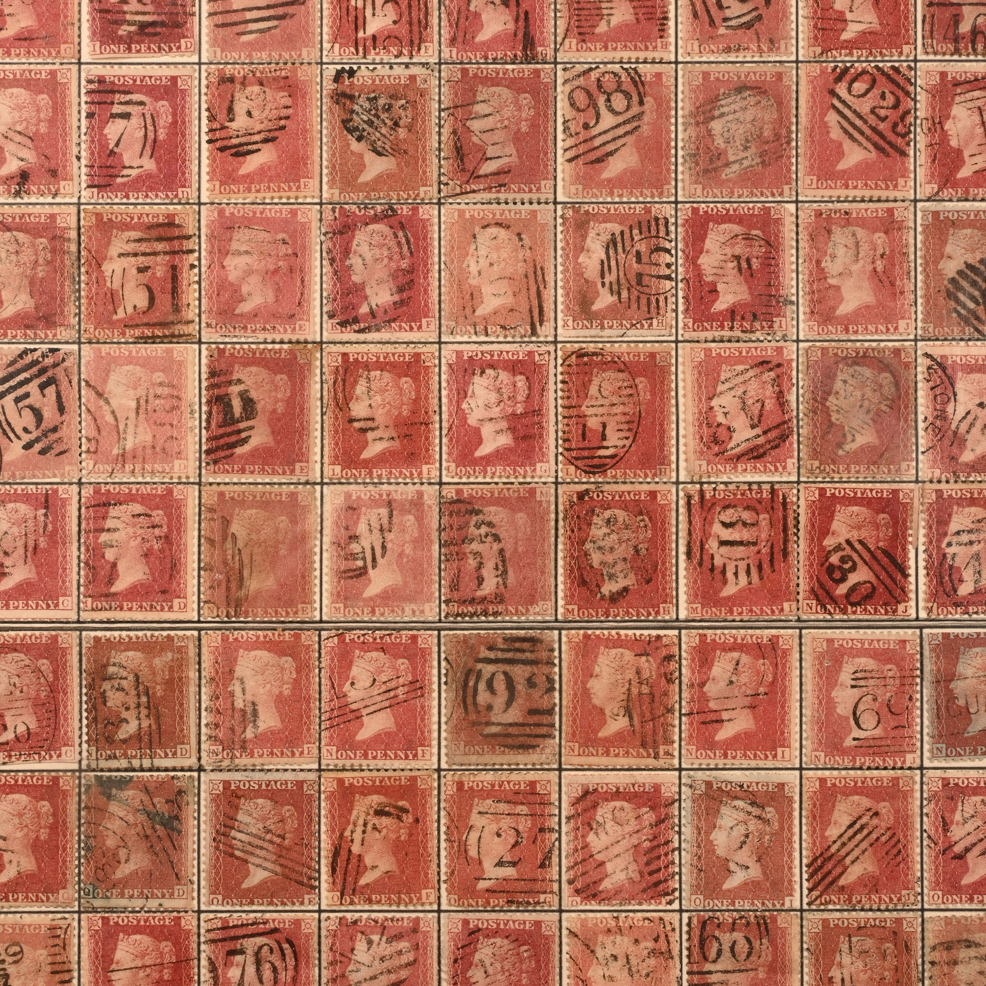 Framed Queen Victoria Penny Red Stamp Reconstructed Sheet.