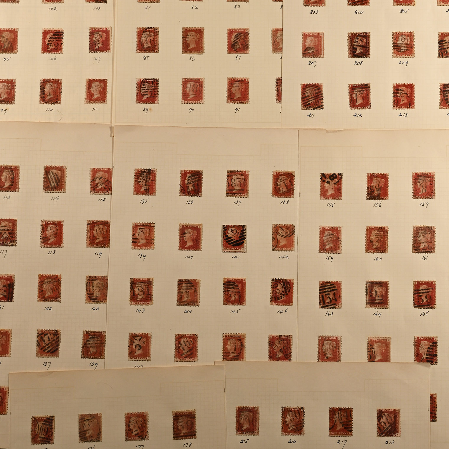 Queen Victoria One Penny Red Stamp Plate Numbers 71 - 224.