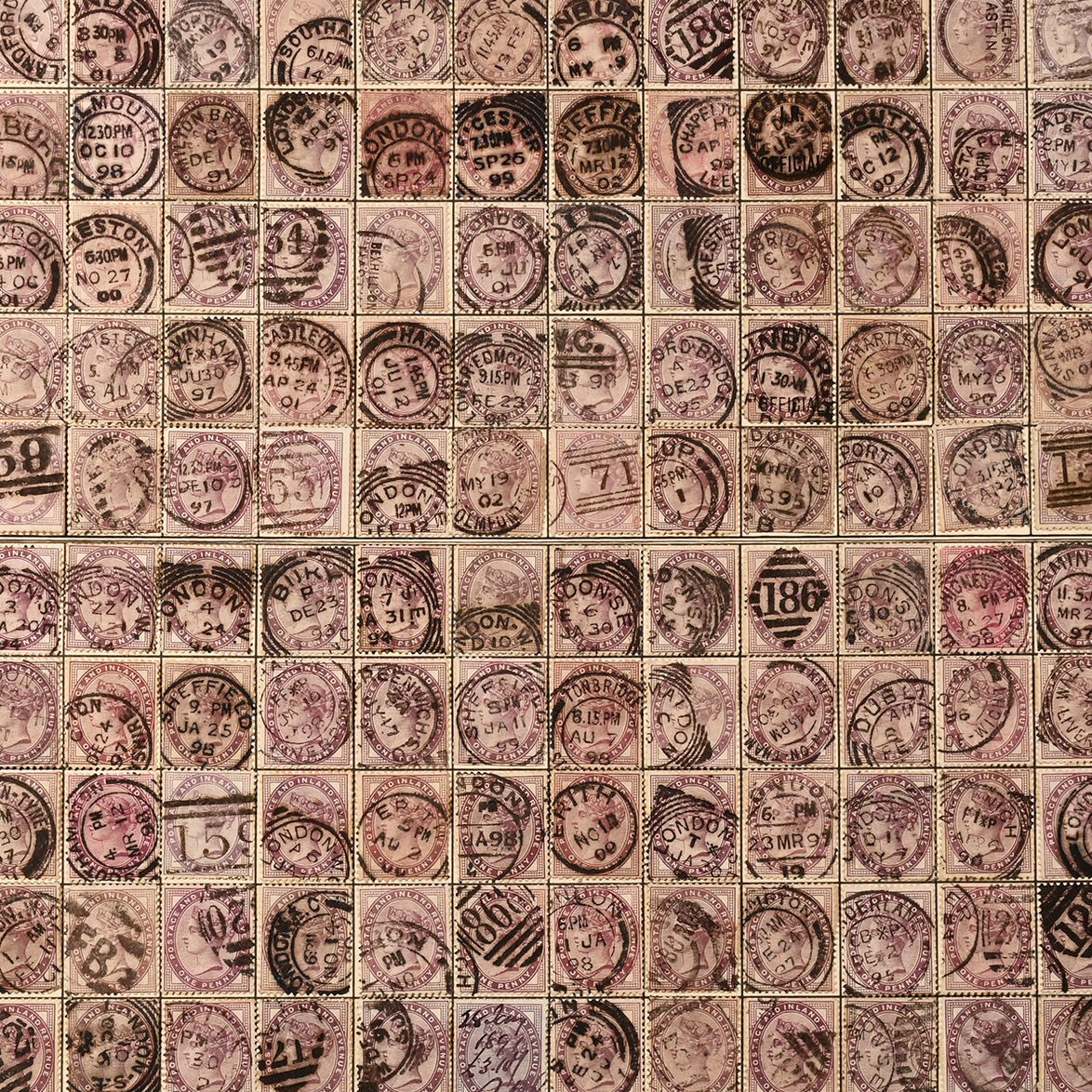 Queen Victoria One Penny Lilac Stamp Reconstructed Sheet.