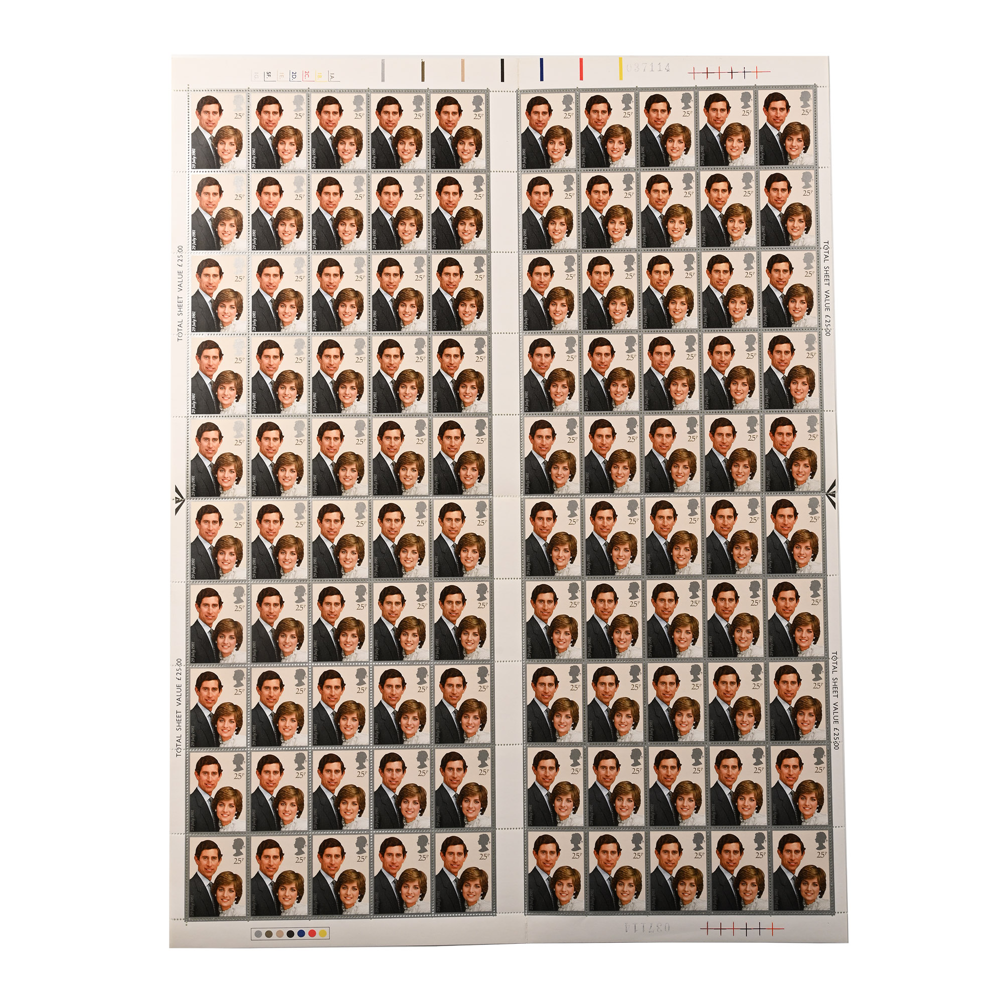 Diana and Charles Full Sheet of 25 Pence Stamps.