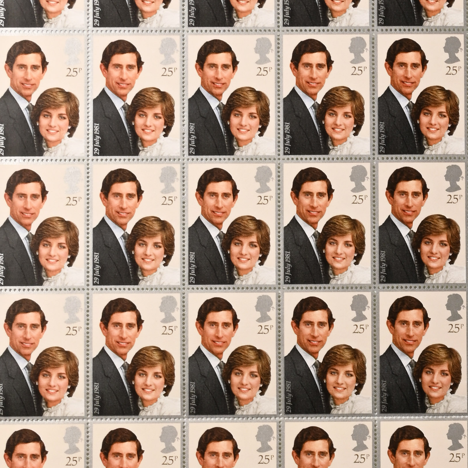 Diana and Charles Full Sheet of 25 Pence Stamps.