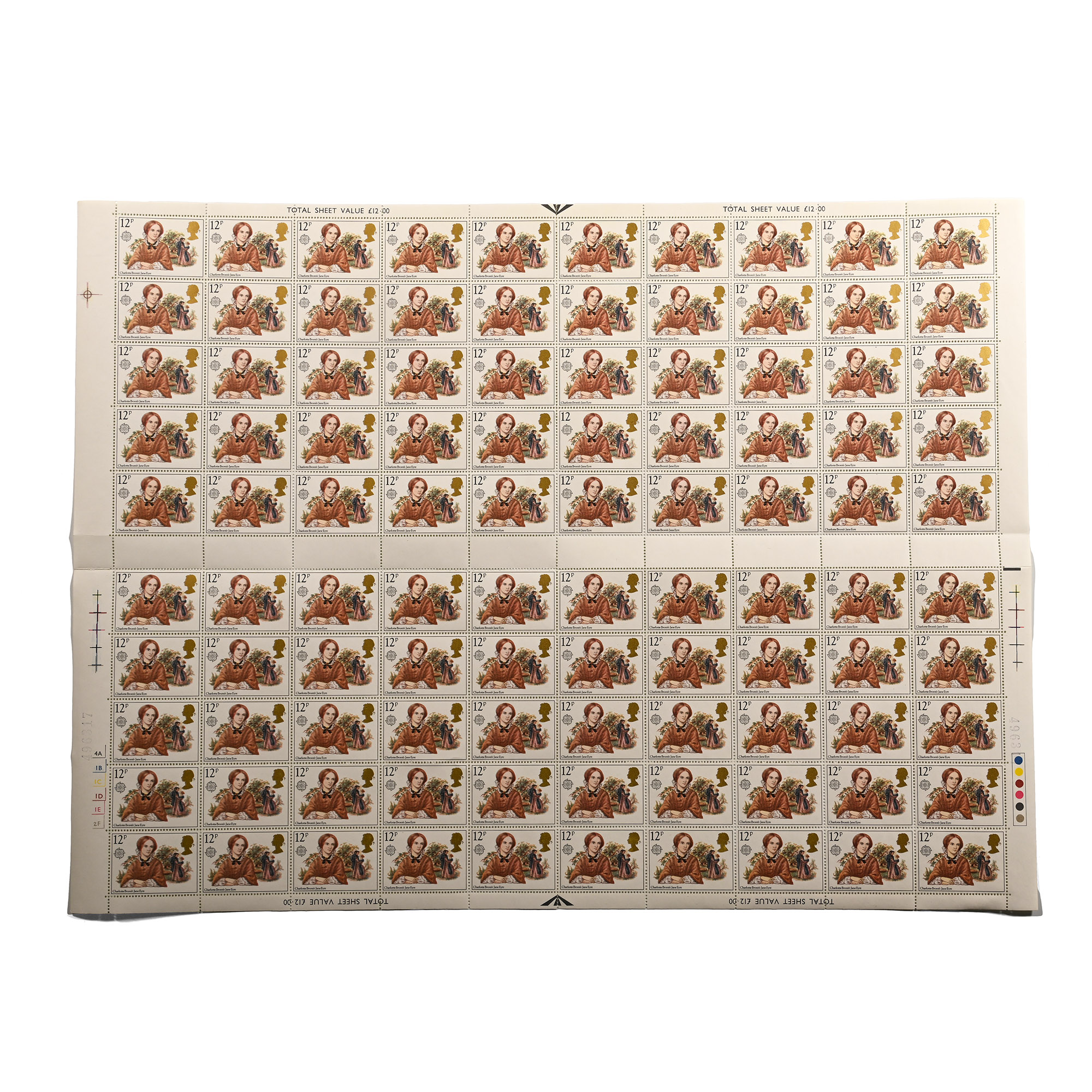 Jayne Eyre Full Sheet of 12 Pence Stamps one with no P Error.
