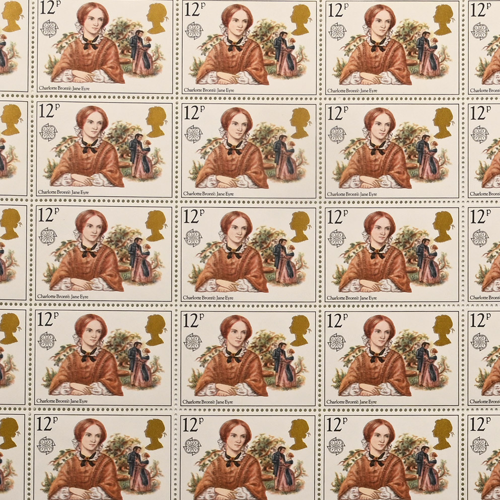 Jayne Eyre Full Sheet of 12 Pence Stamps one with no P Error.