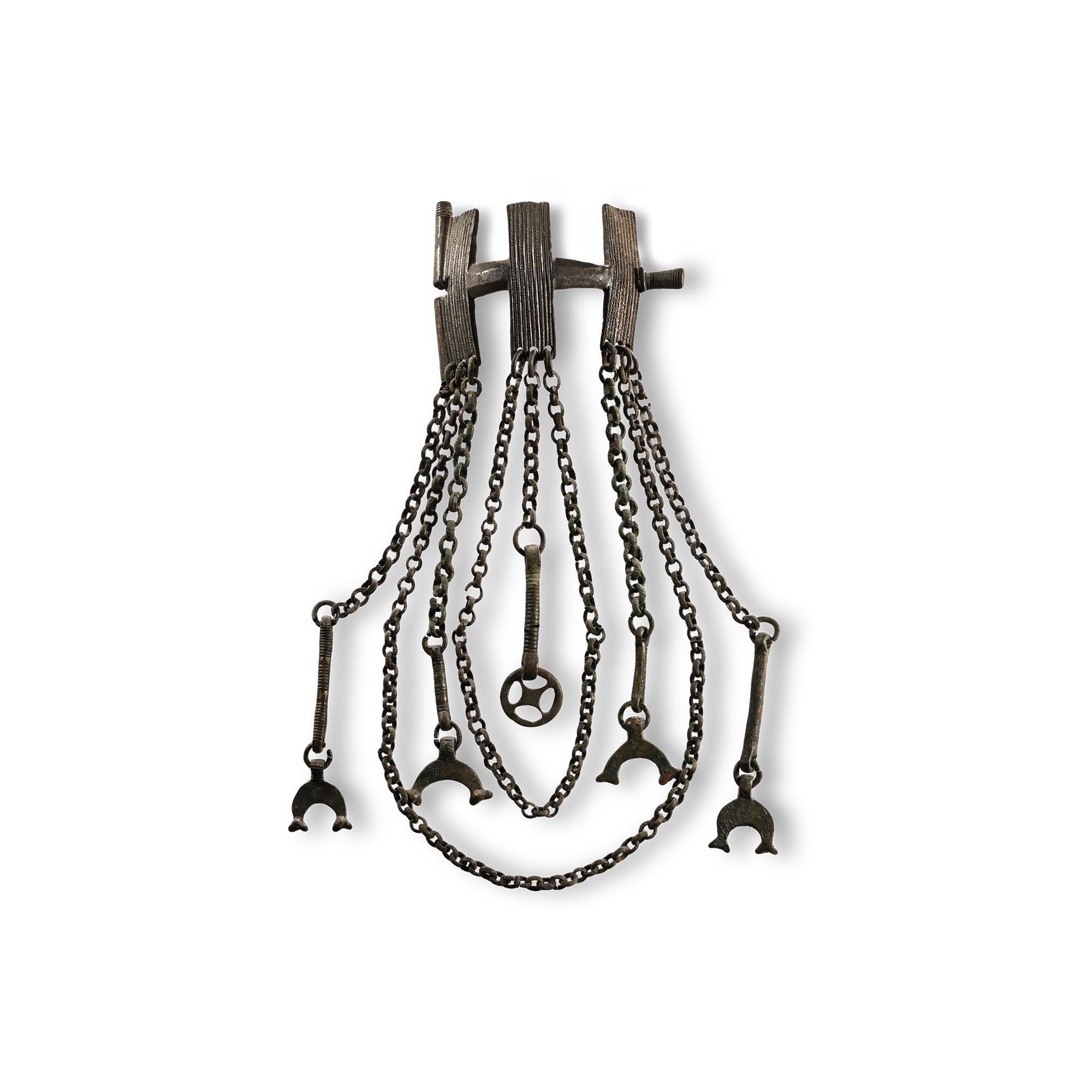 Pre-Viking Bronze Brooch with Bull-Headed Lunar Pendants and Chain