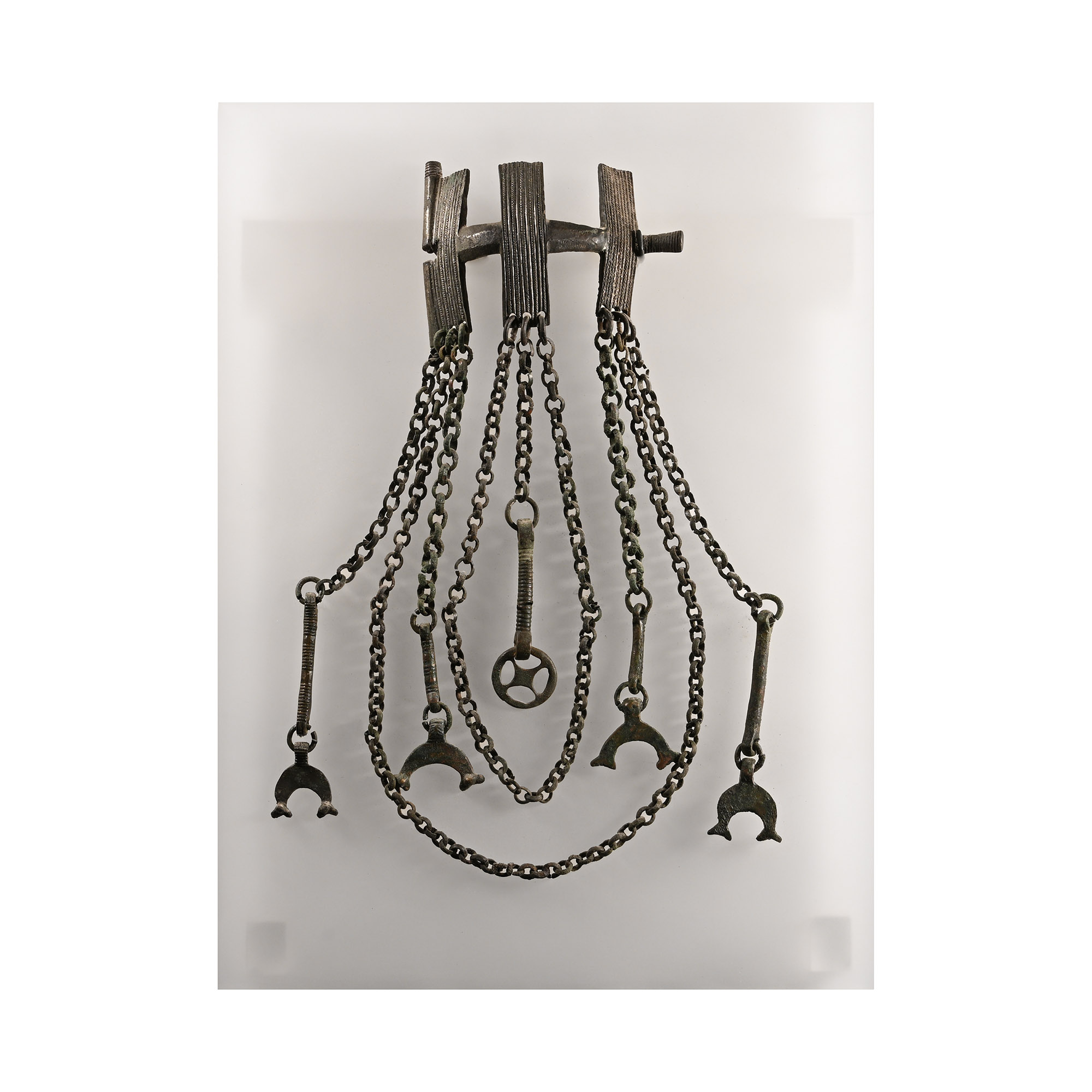 Pre-Viking Bronze Brooch with Bull-Headed Lunar Pendants and Chain
