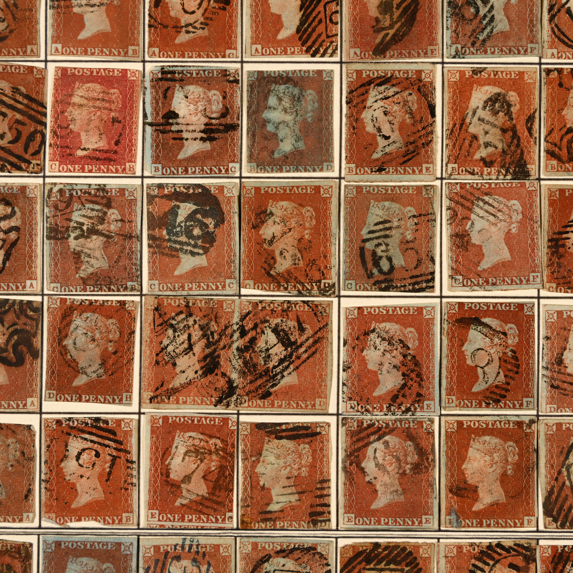 Queen Victoria Imperforated Penny Red Stamp Part Reconstructed Sheet AA - TL.