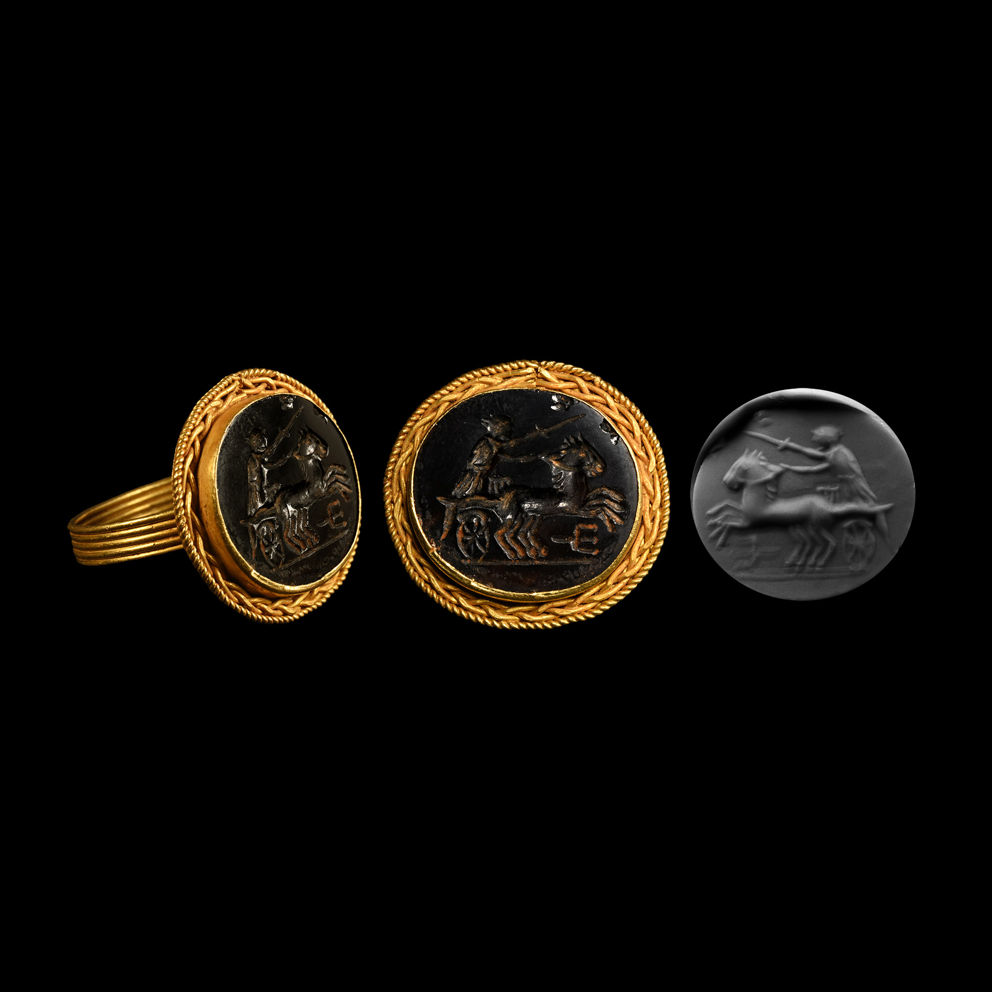 Roman Style Gold Ring with Chariot Gemstone