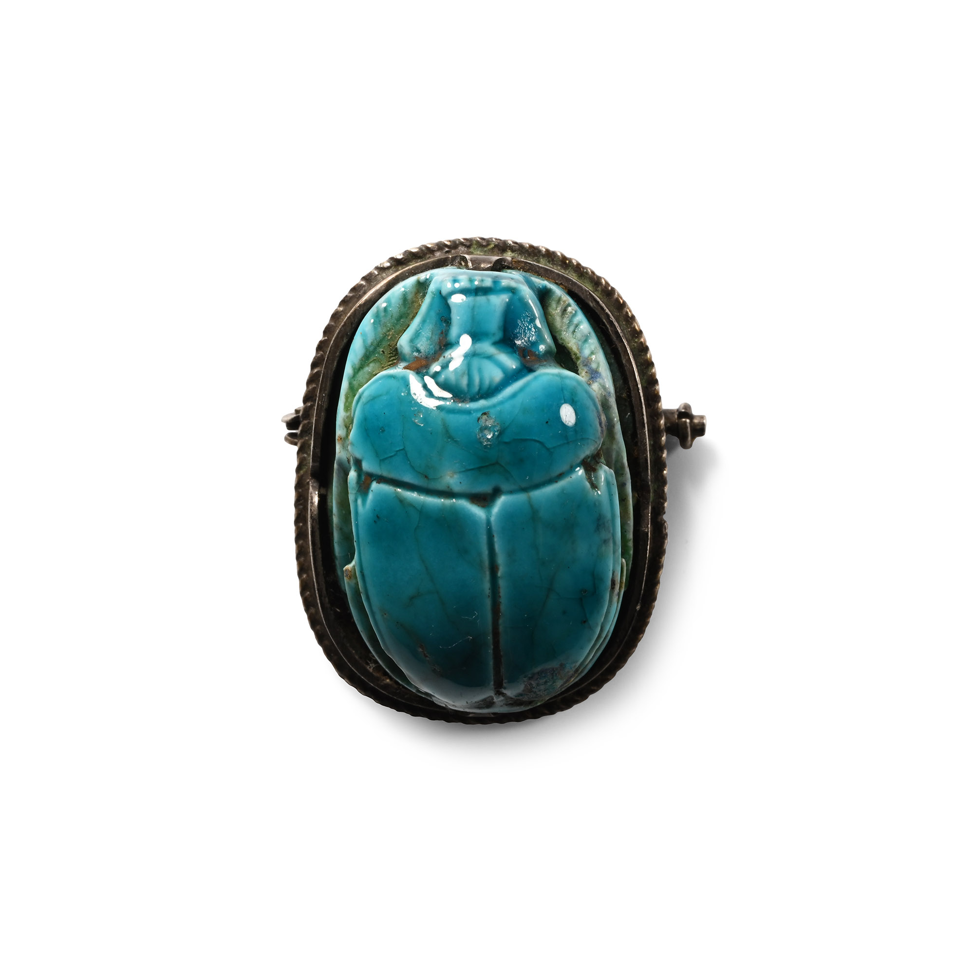 Egyptian Style Faience Scarab in Silver Brooch