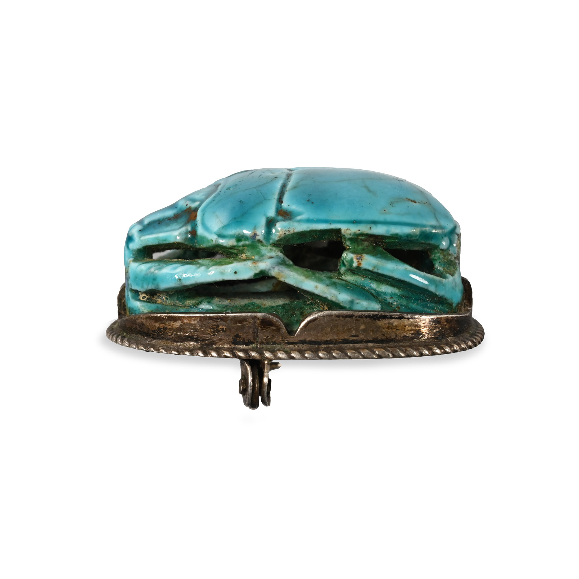 Egyptian Style Faience Scarab in Silver Brooch