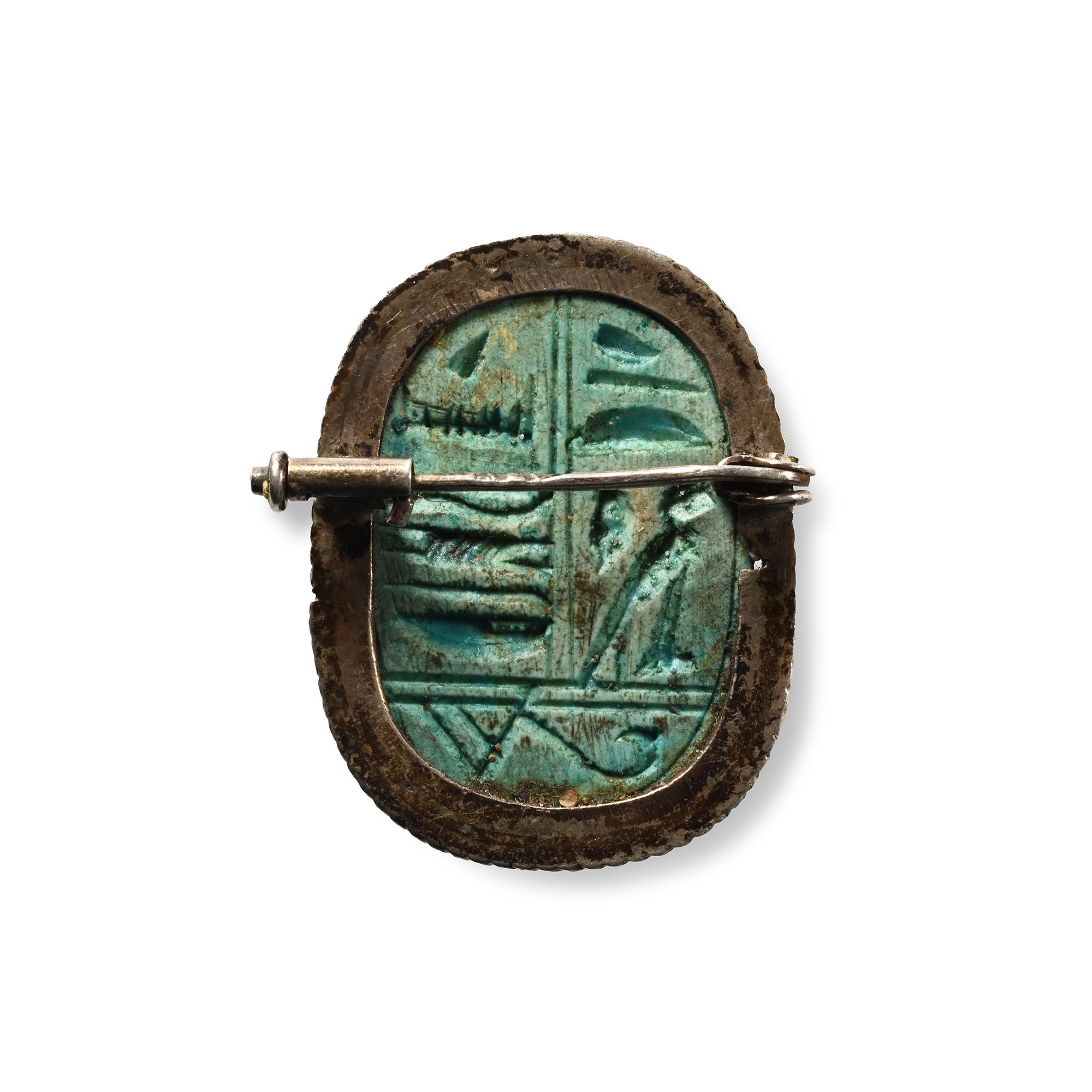 Egyptian Style Faience Scarab in Silver Brooch