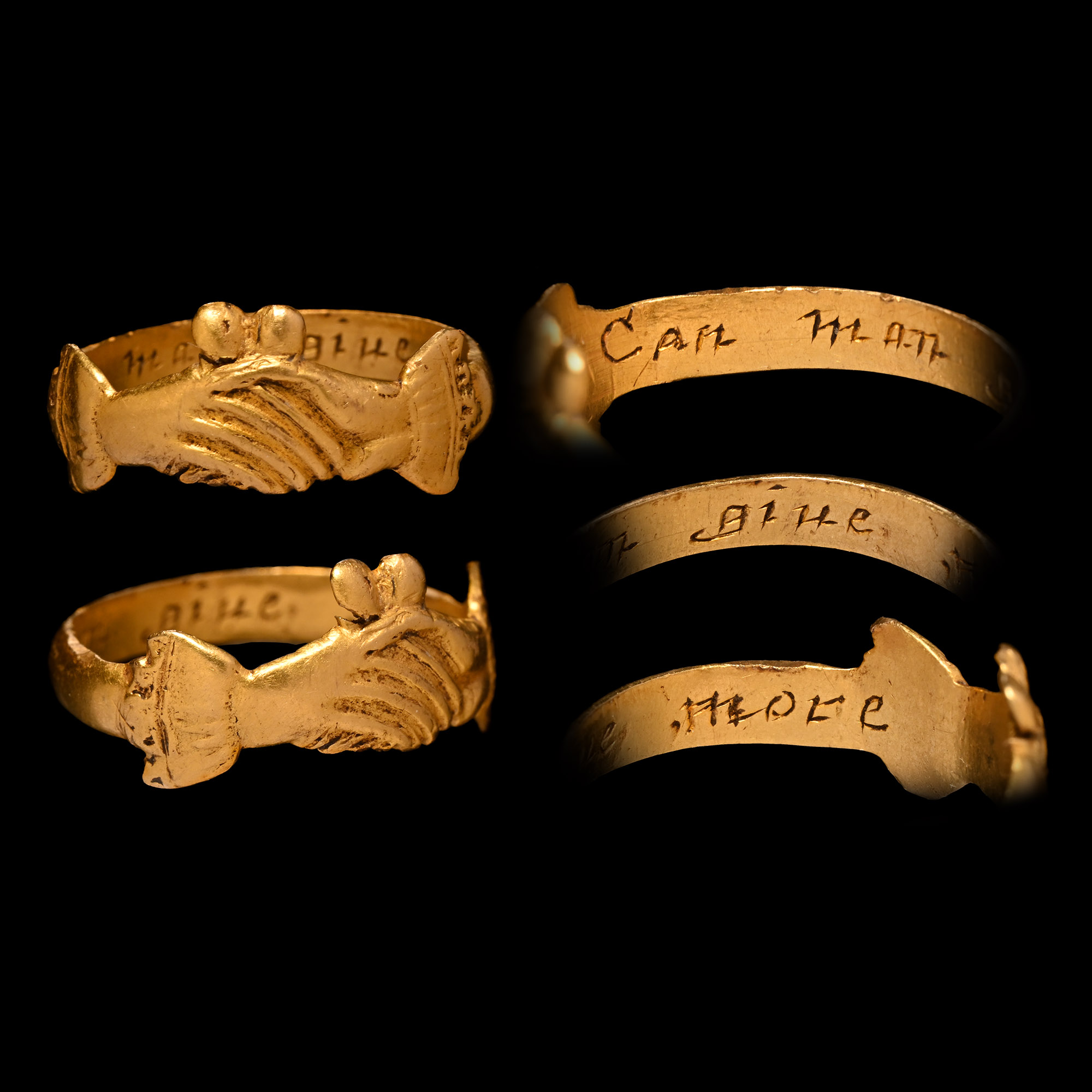 'The Blackmore' Elizabethan Gold 'Can Man Give More' Clasped Hands 'Fede' Posy Ring