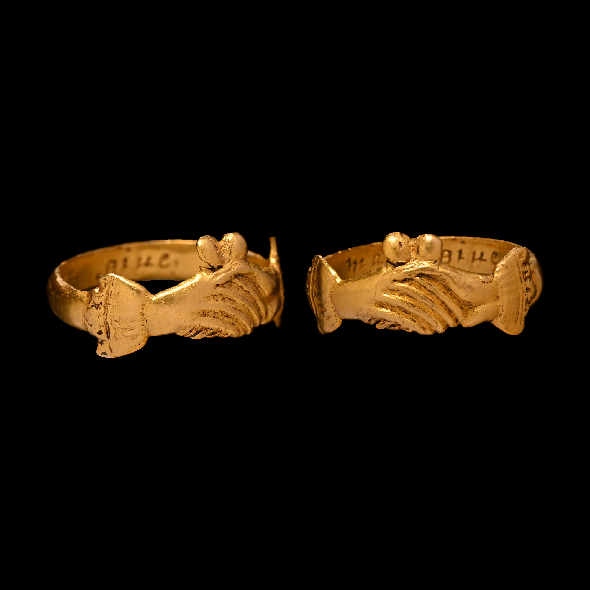 'The Blackmore' Elizabethan Gold 'Can Man Give More' Clasped Hands 'Fede' Posy Ring