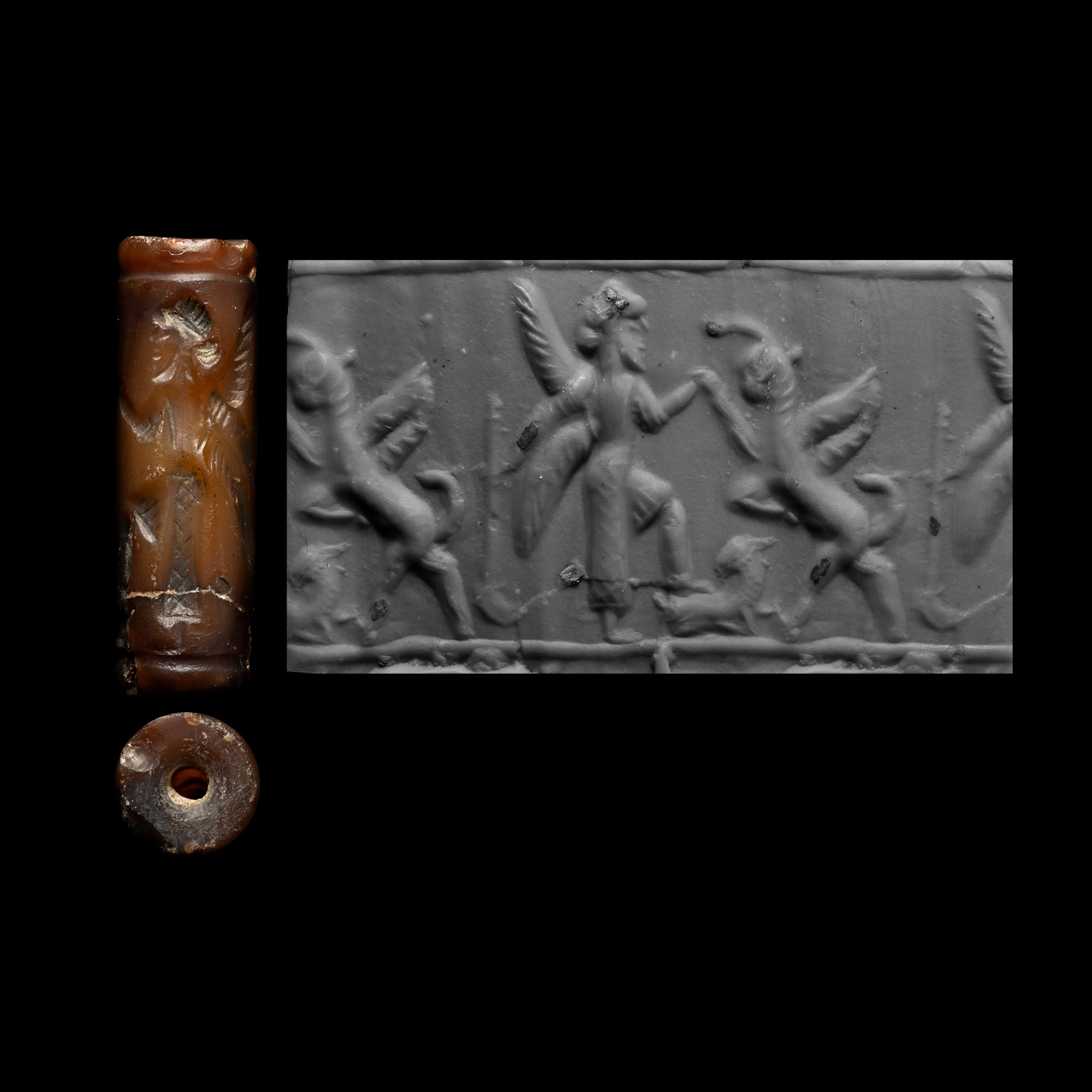 Mesopotamian Stone Cylinder Seal with Gryphon and God