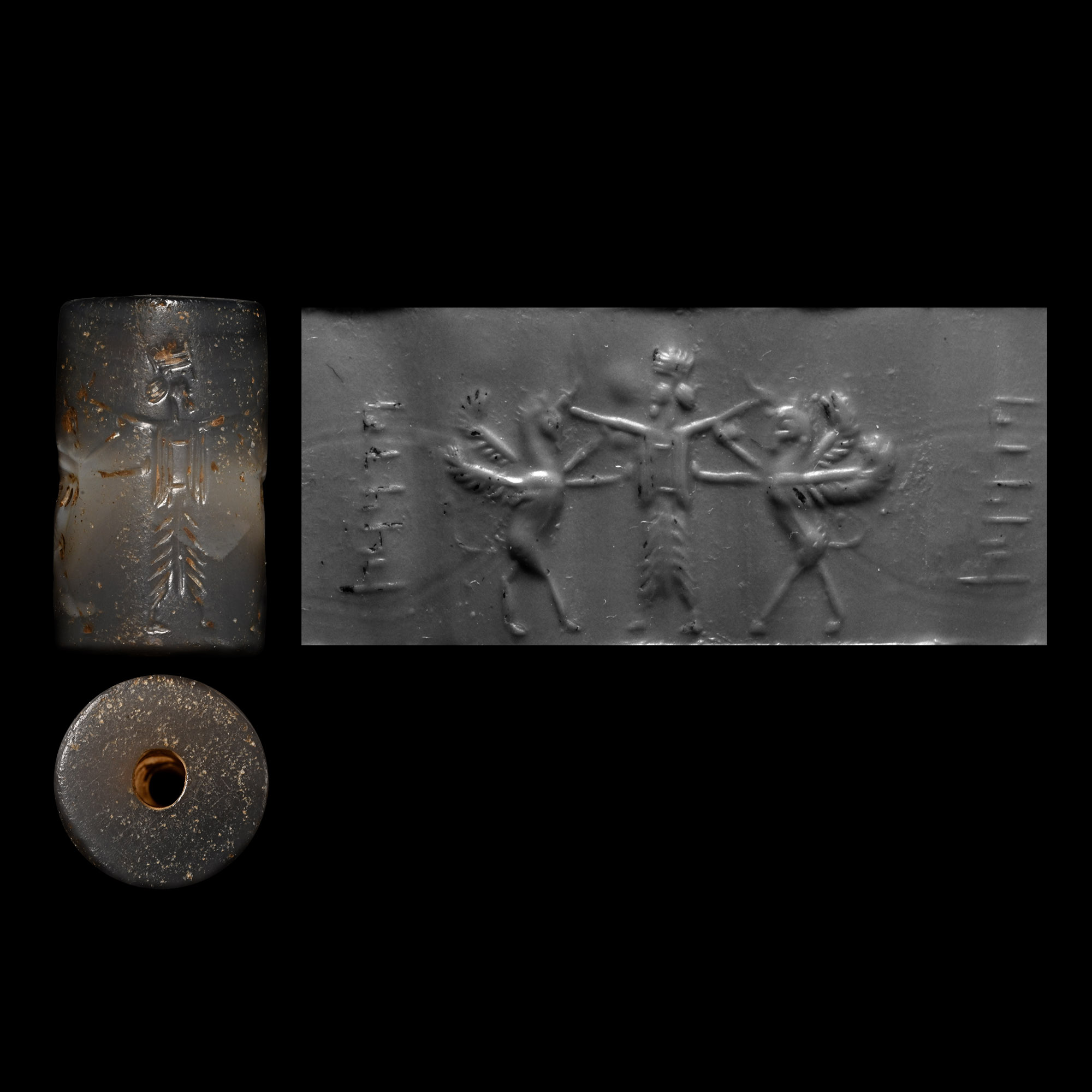 Mesopotamian Banded Agate Cylinder Seal with Gryphons and God