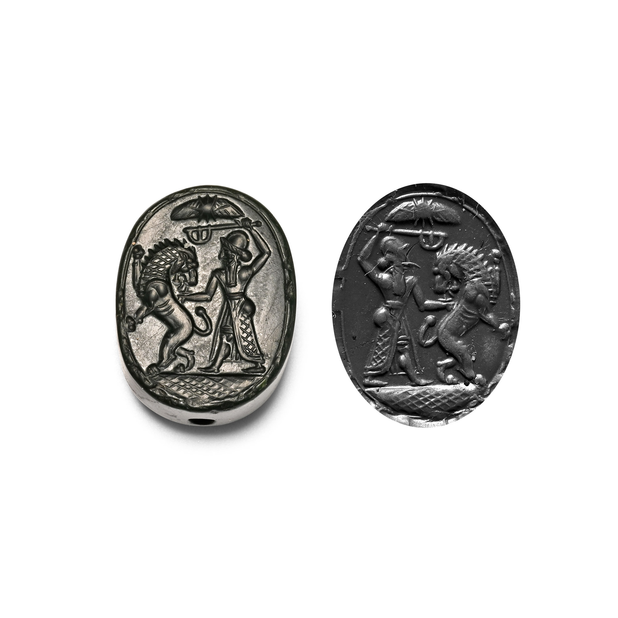Western Asiatic Green Jasper Scaraboid with Combat Scene