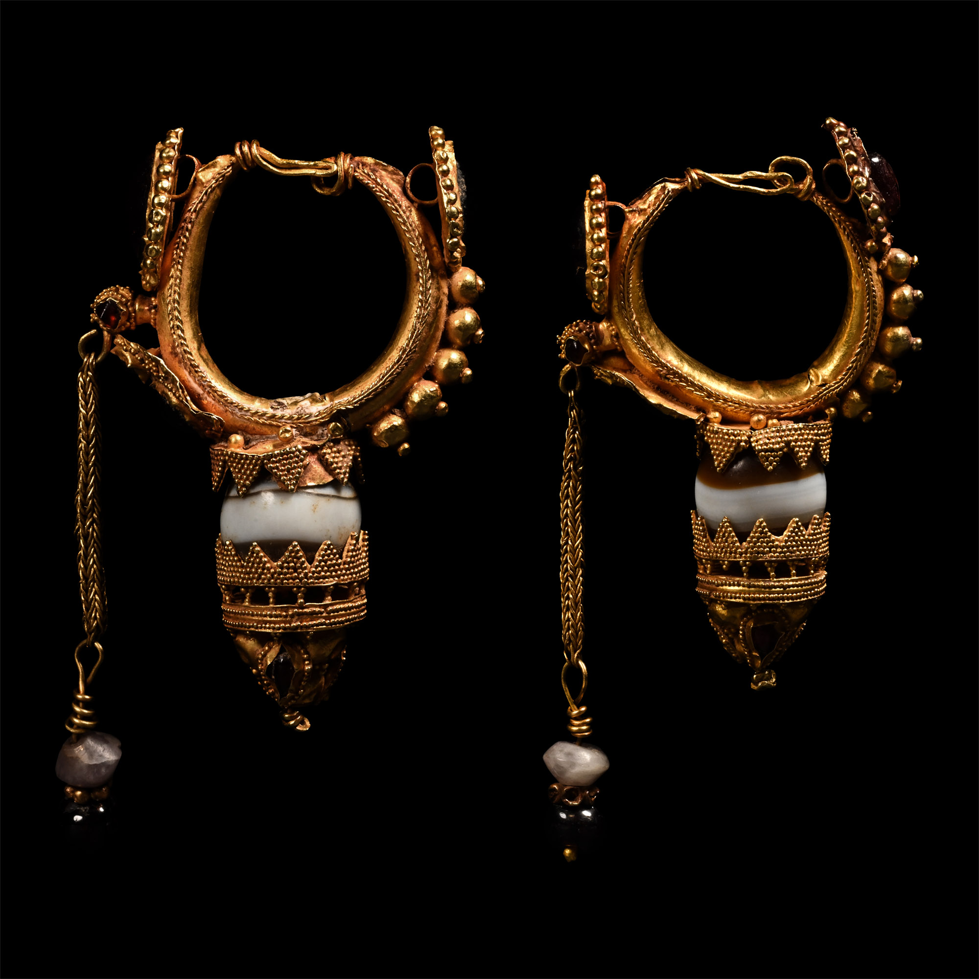 Large Eastern Hellenistic Gold Earring Pair with Garnets