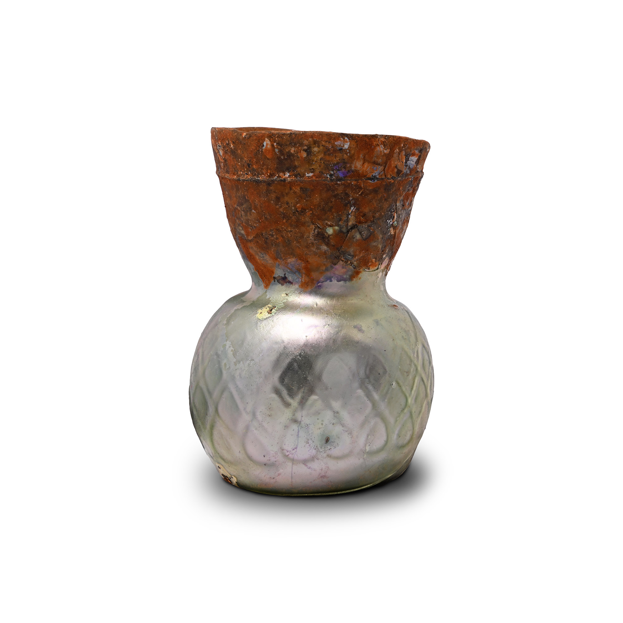 Roman Iridescent Glass Vase with Chequered Pattern