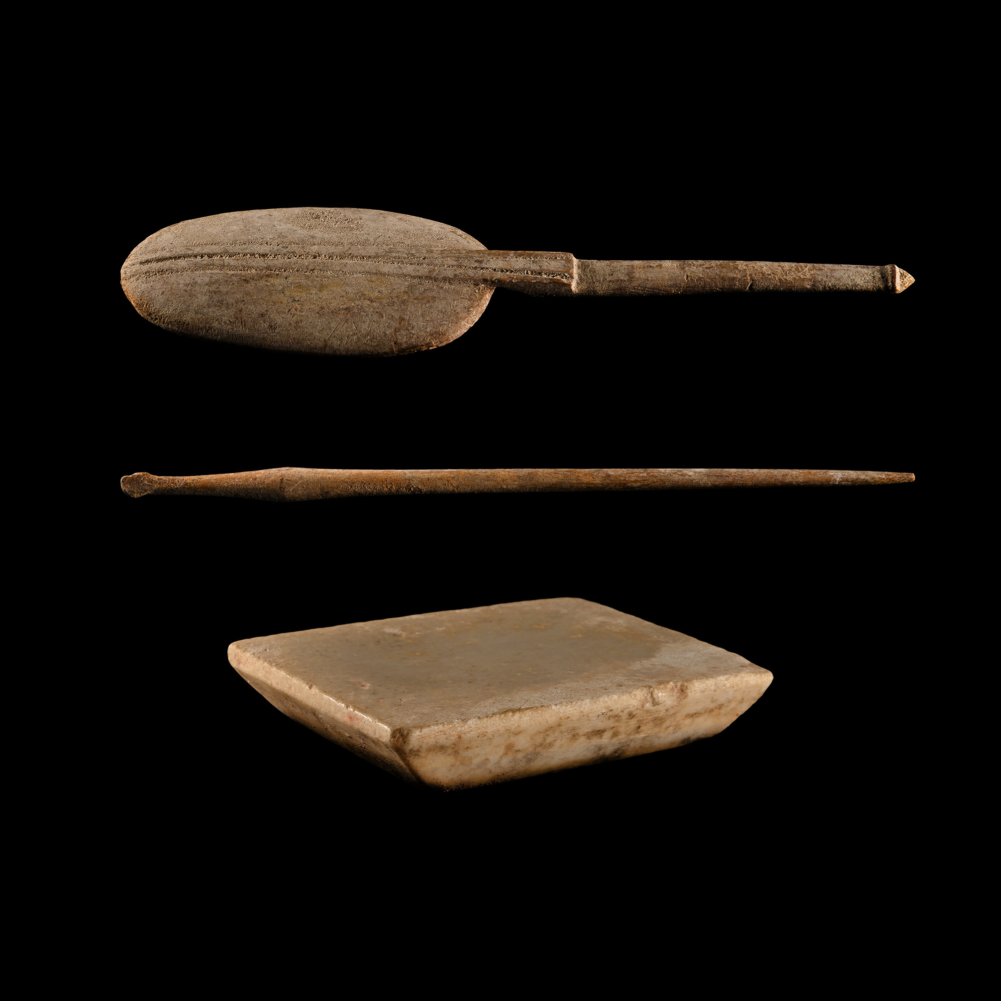 Roman Stone Palette and Bone Implement Group