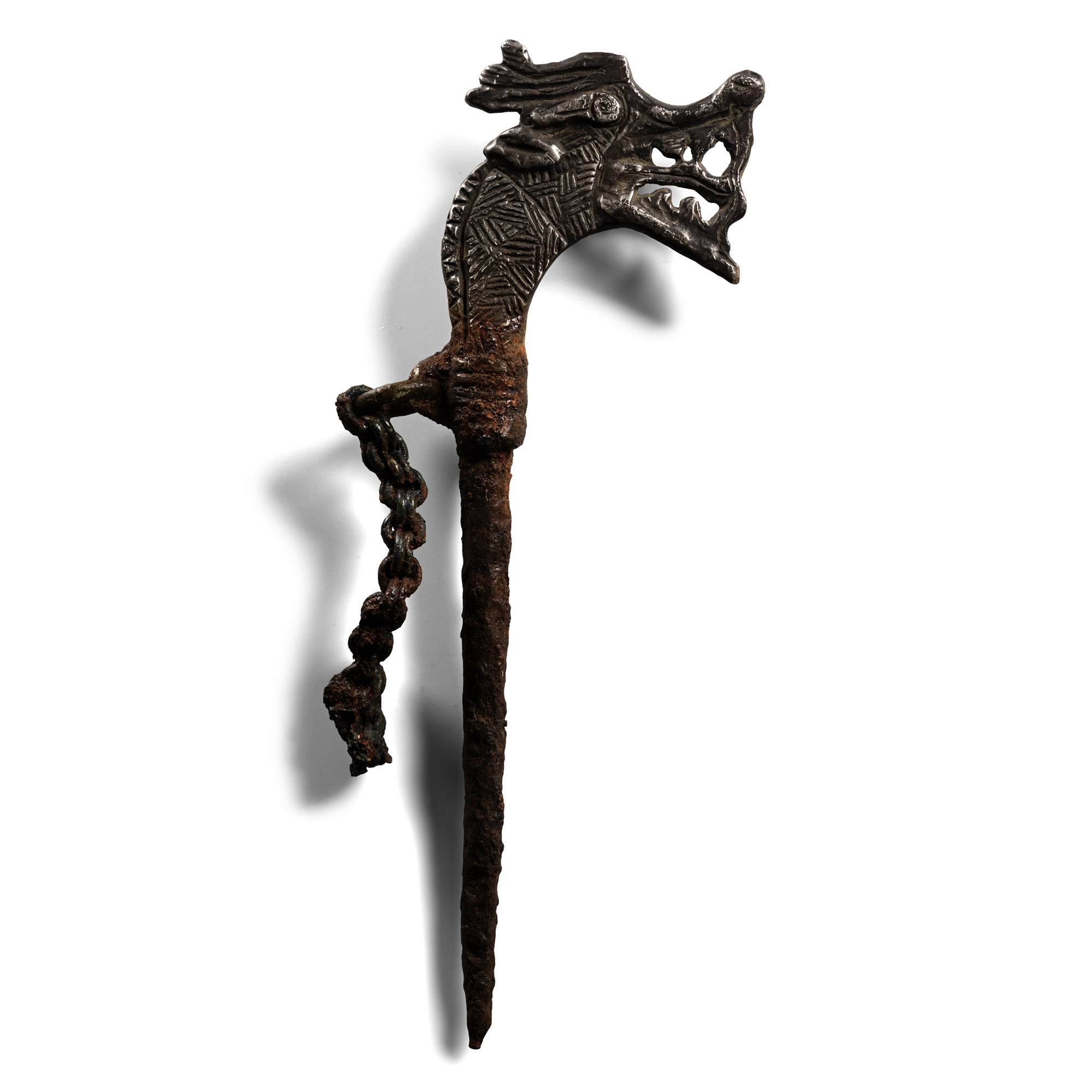 Scandinavian Viking Silver Dragon-Headed Iron Pin