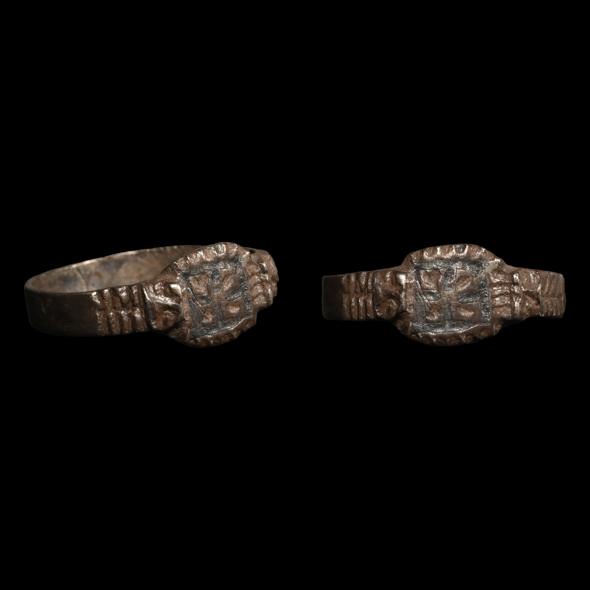 Norman Silver Ring with Niello Cross and Animal Heads