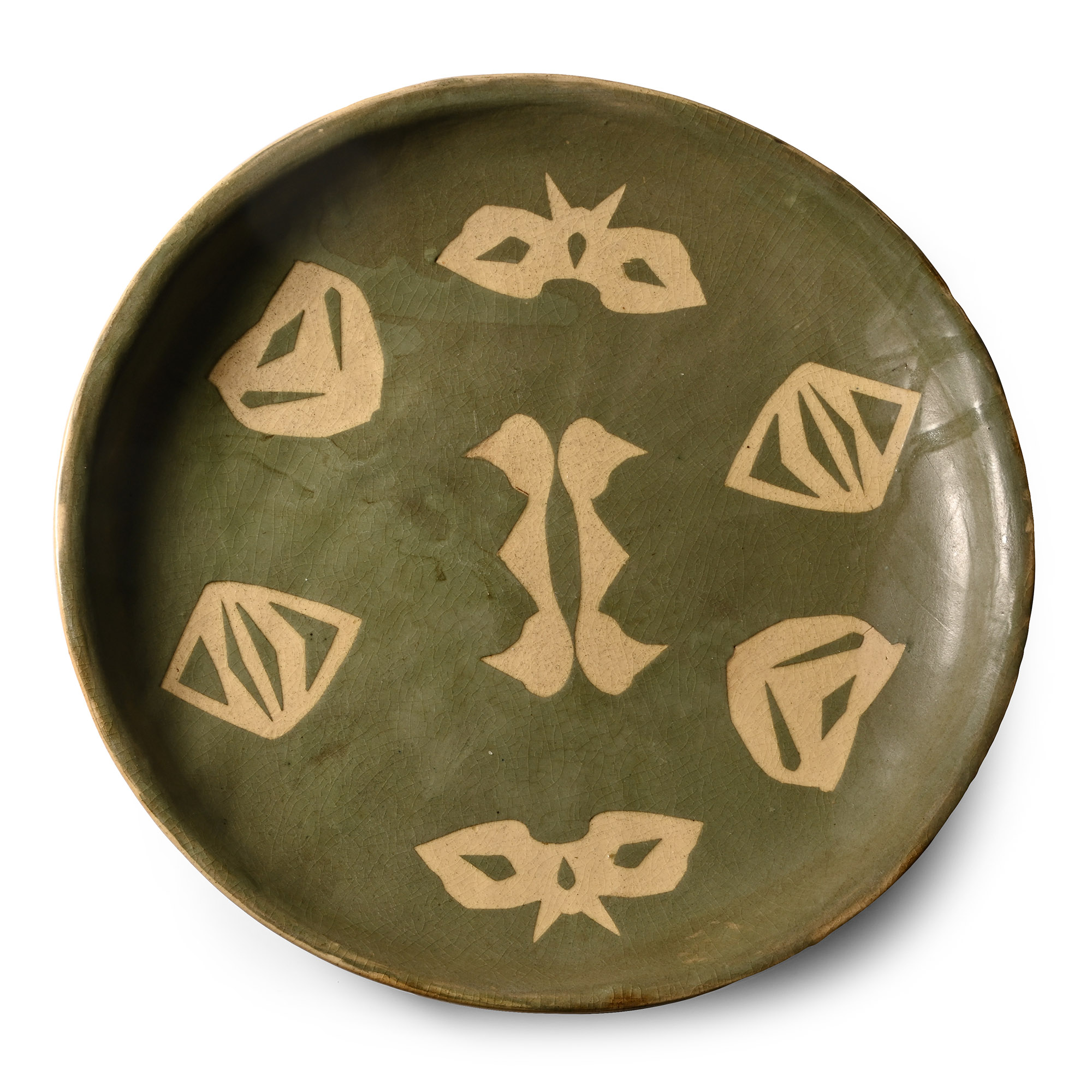Abstract Green and Buff Glazed Dish