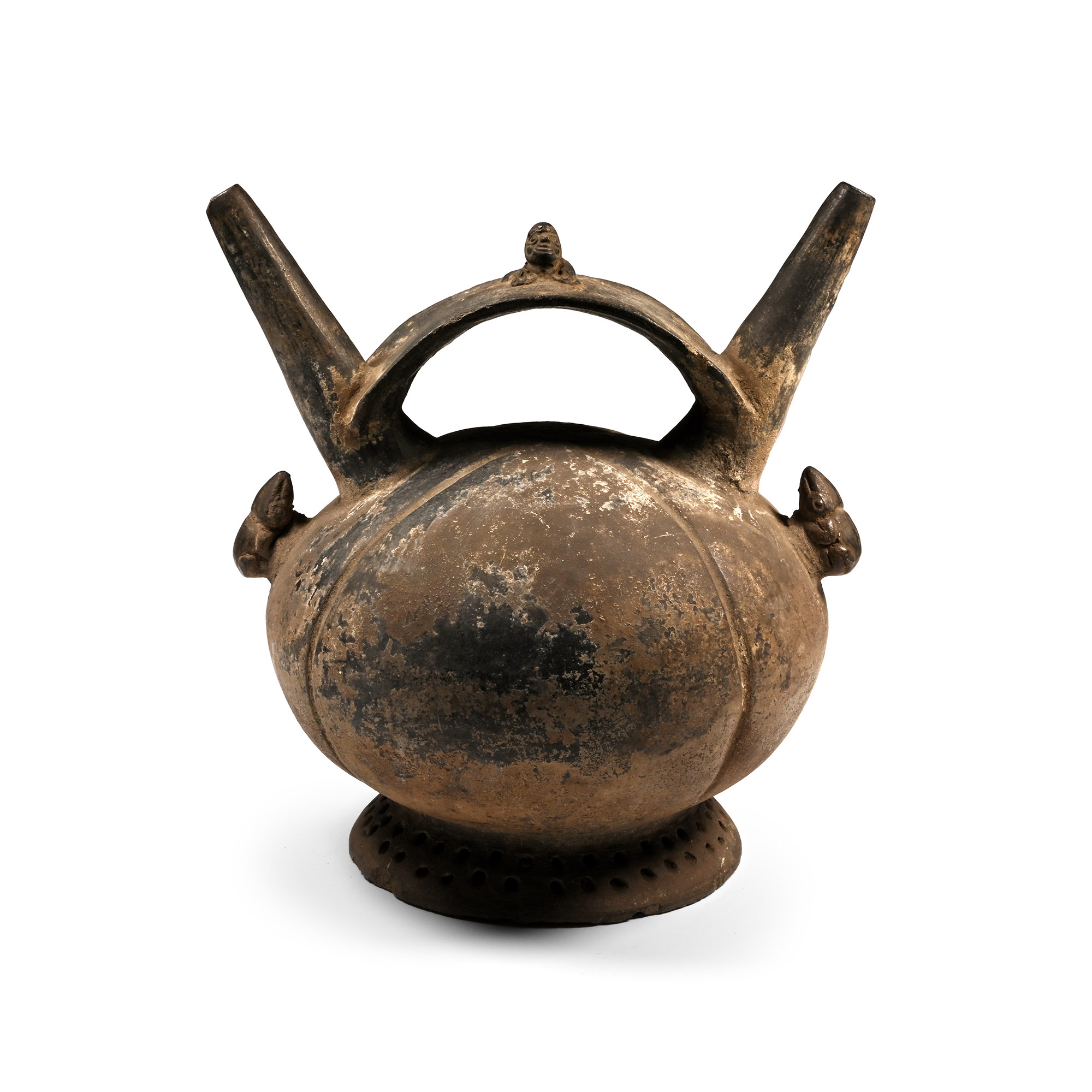 Pre Columbian Black Ware Stirrup-Spout Vessel with Animals