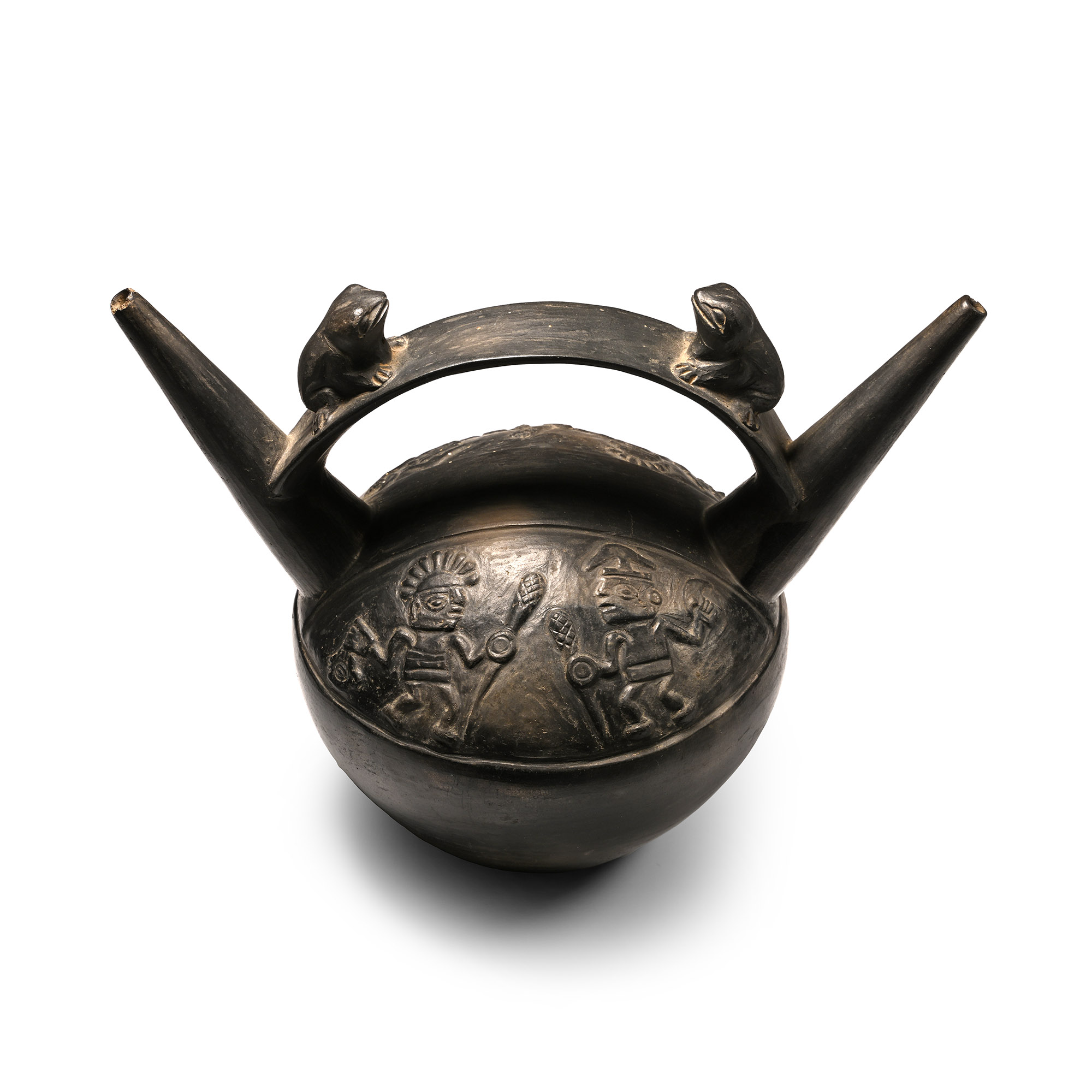 Pre Columbian Black Ware Stirrup-Spout Vessel with Frogs and Warriors