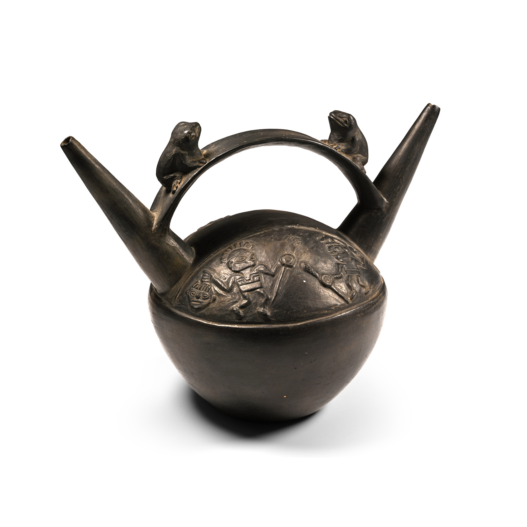 Pre Columbian Black Ware Stirrup-Spout Vessel with Frogs and Warriors