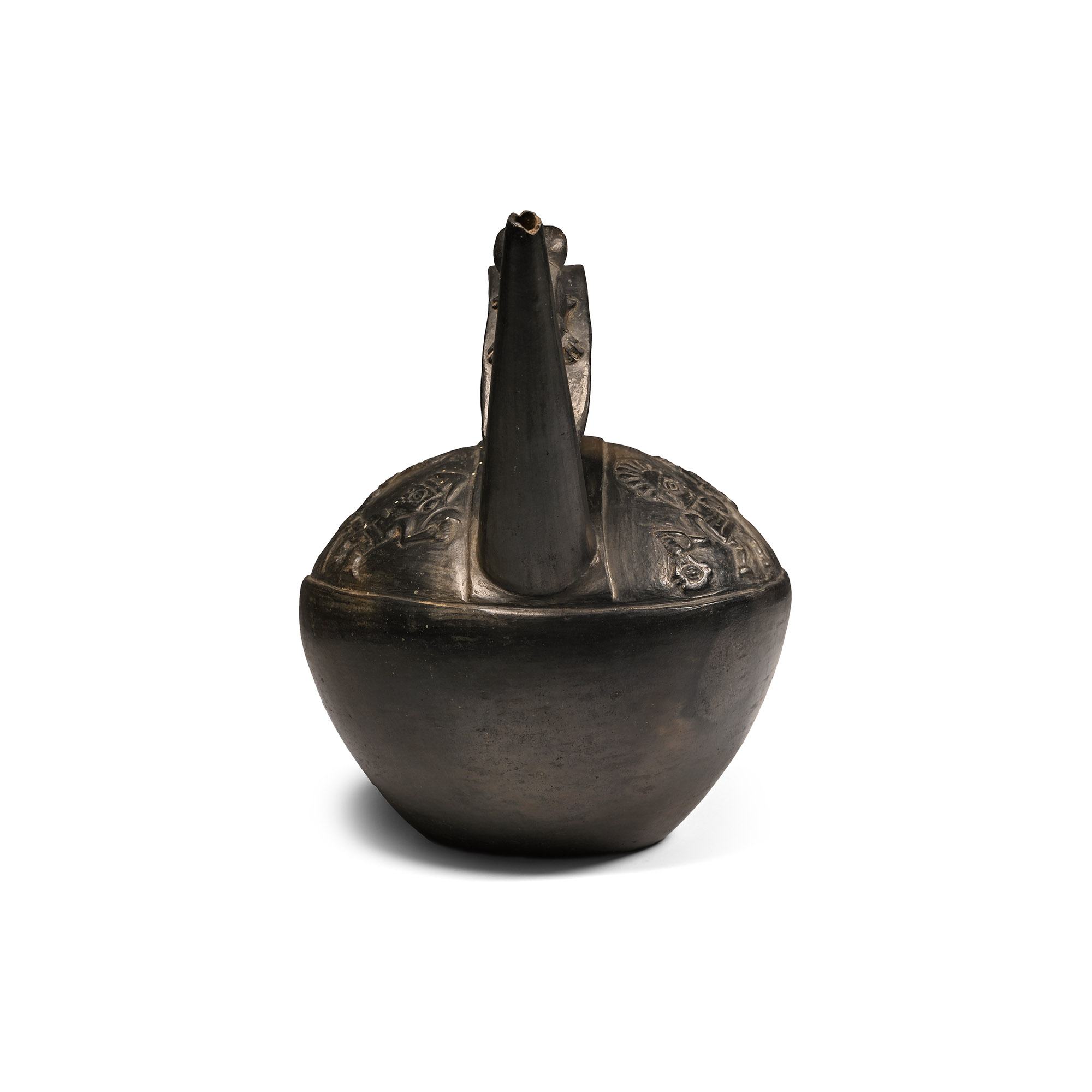 Pre Columbian Black Ware Stirrup-Spout Vessel with Frogs and Warriors