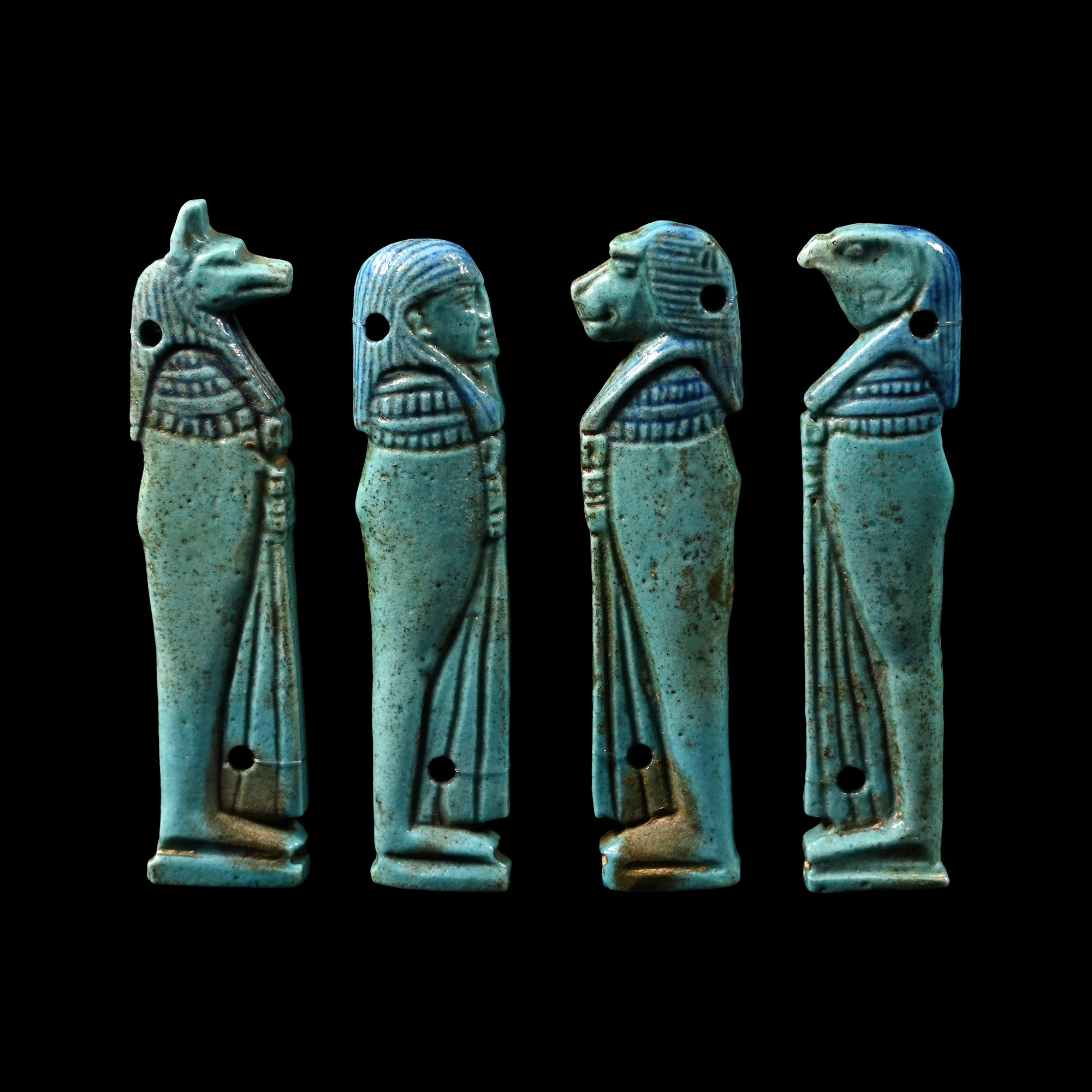 Egyptian Turquoise Glazed Faience Four Sons of Horus Mount Set