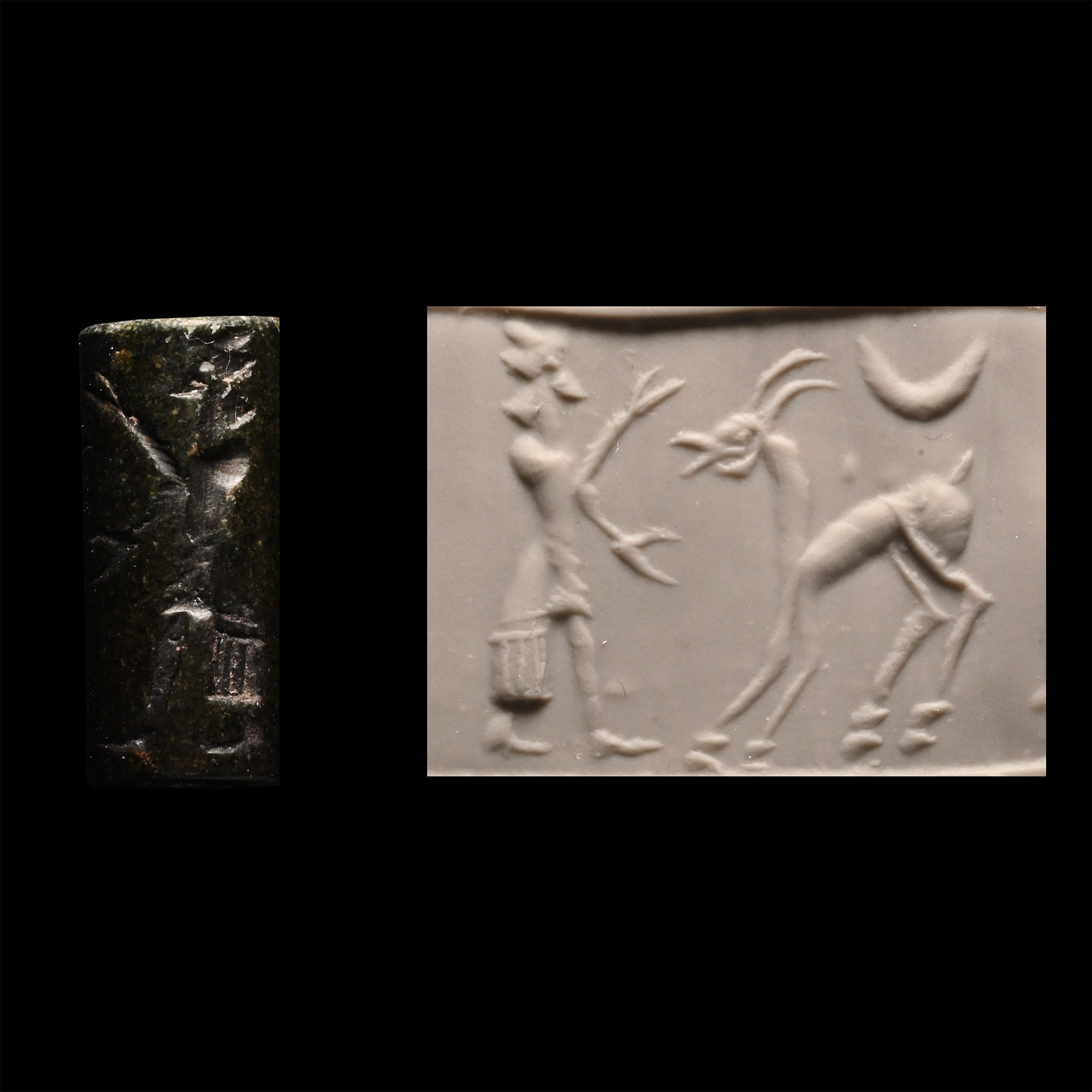 Iranian Black Stone Cylinder Seal with Figure Dressed in Robes