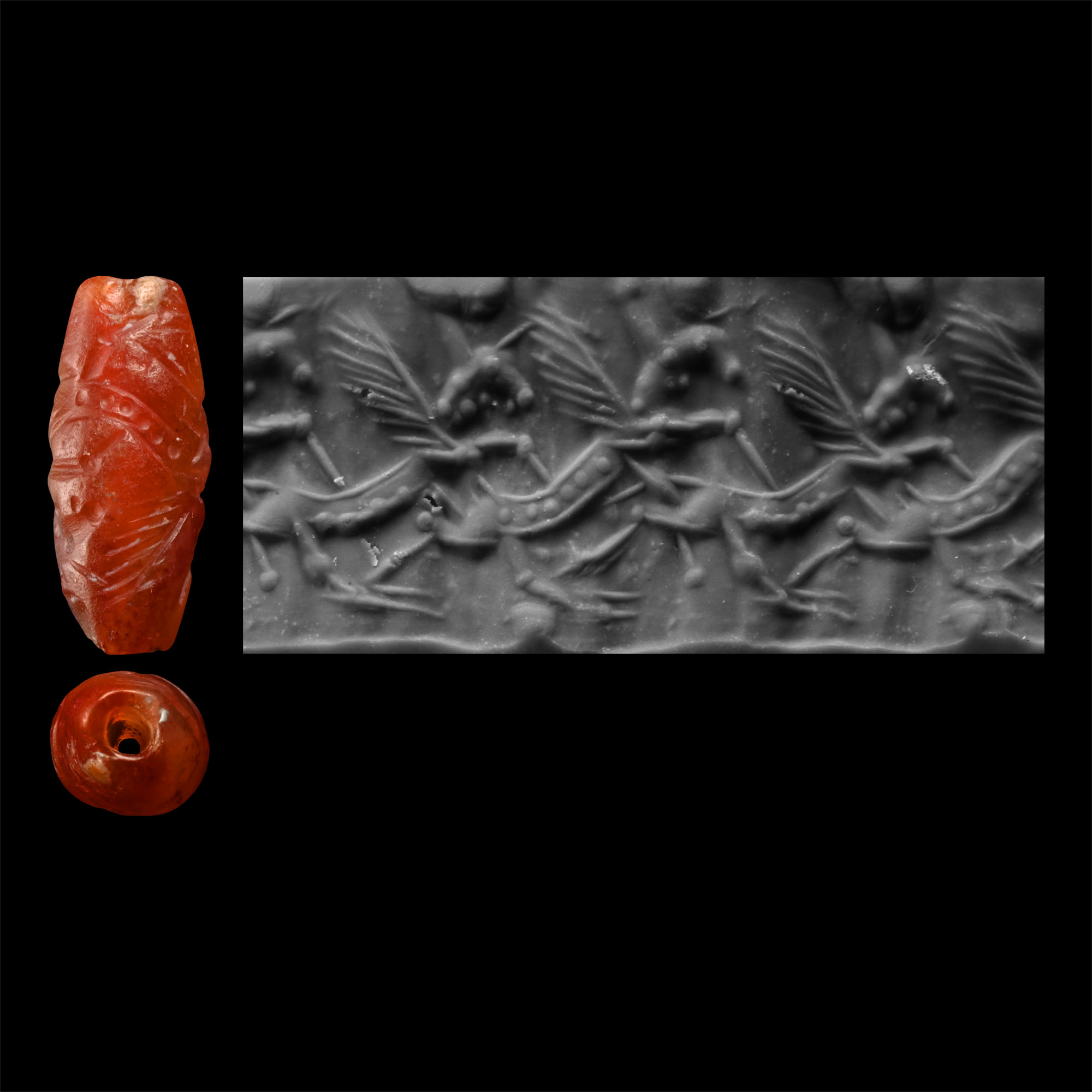Neo-Babylonian Carnelian Cylinder Seal with Two Winged Quadrupeds