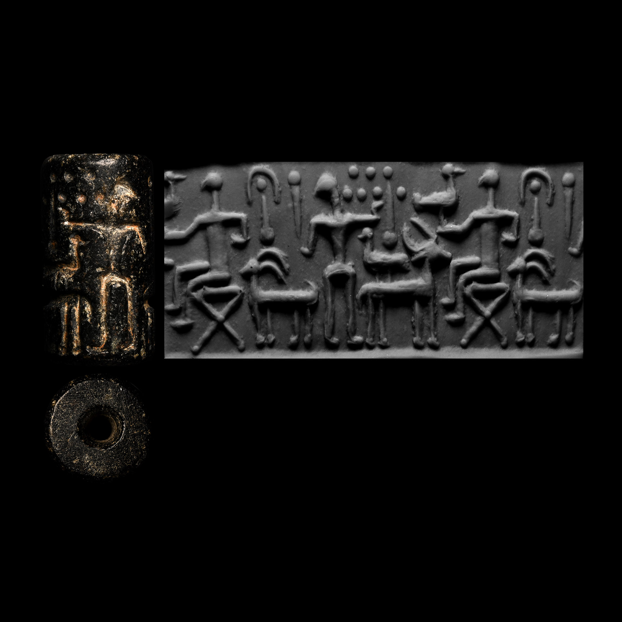 Anatolian Black Stone Cylinder Seal with Seated Deity