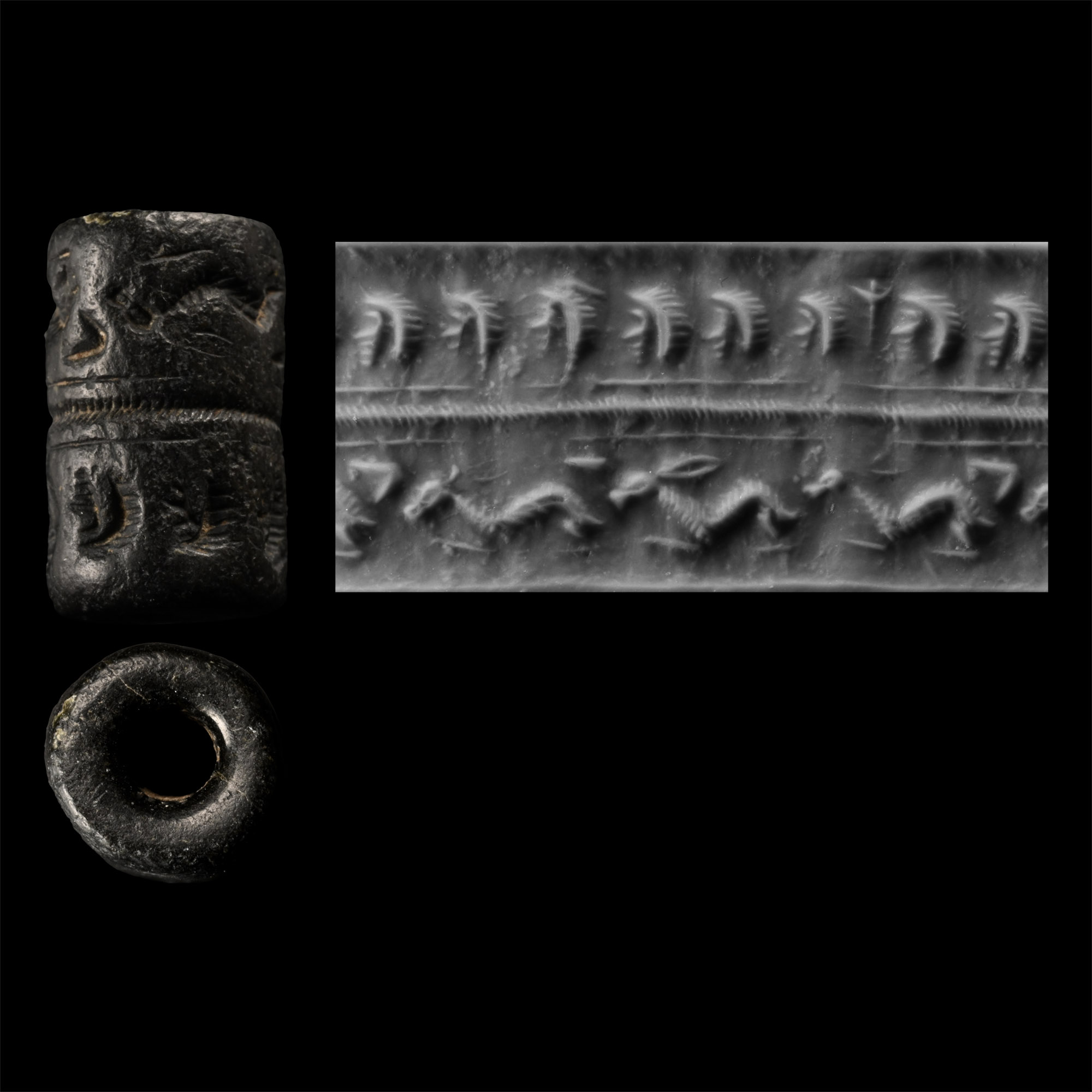 Syrian Black Stone Cylinder Seal with Human Heads