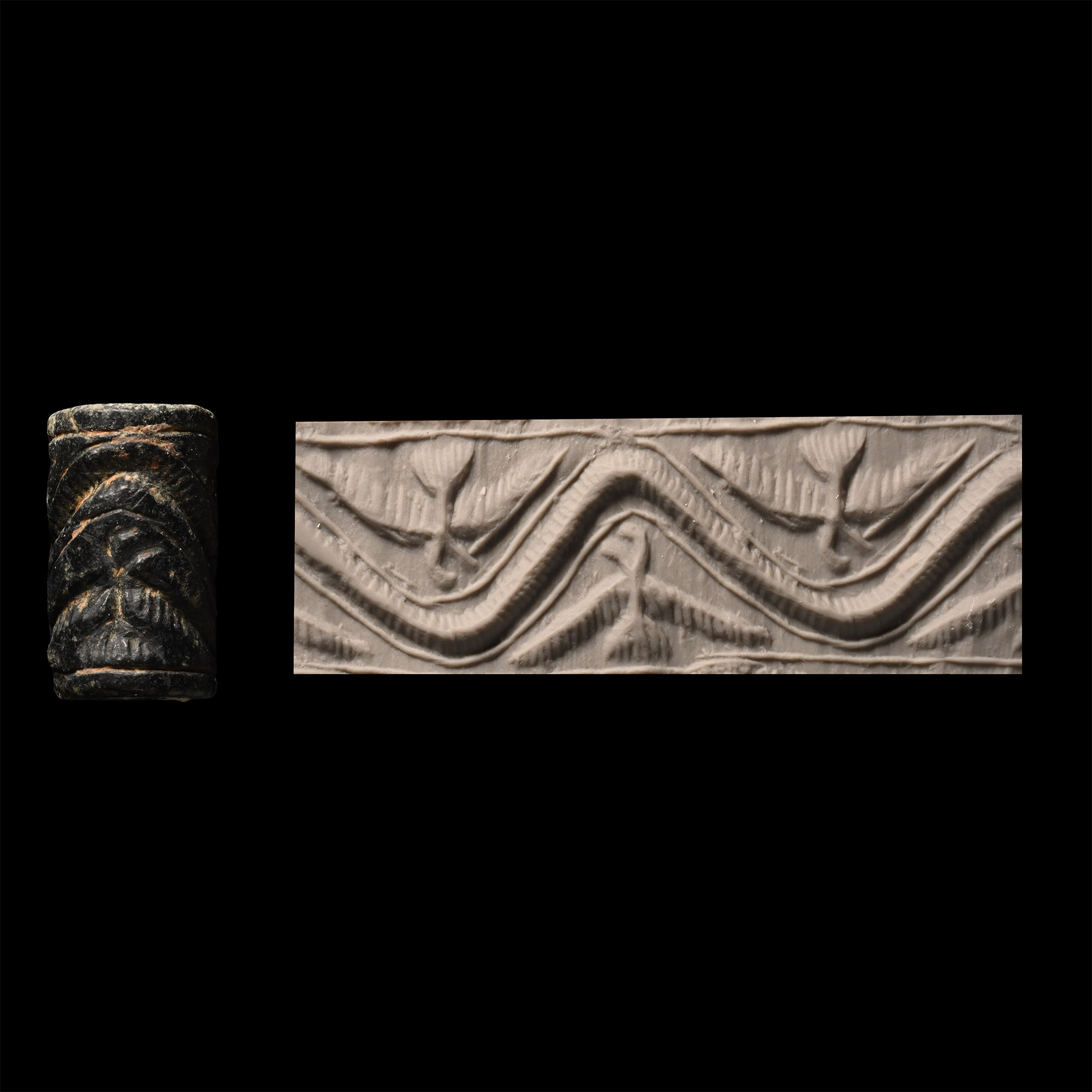 Anatolian Dark Stone Cylinder Seal with Birds