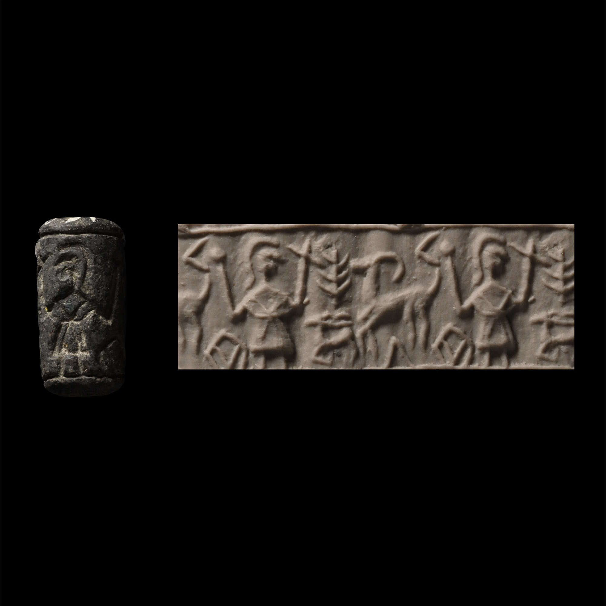 Anatolian Black Stone Cylinder Seal with Standing Figure