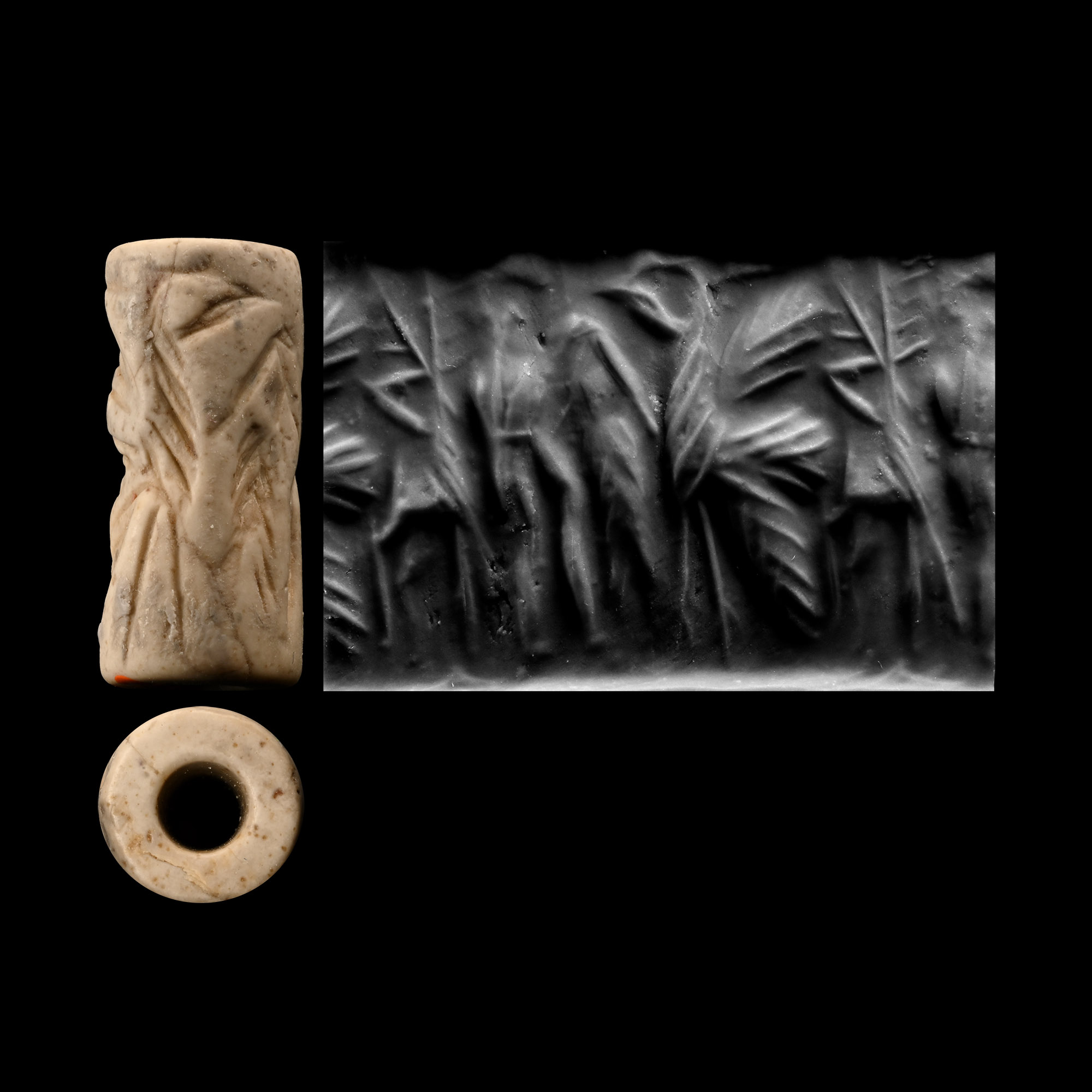 Syrian Grey Stone Cylinder Seal with Figure Holding Fish