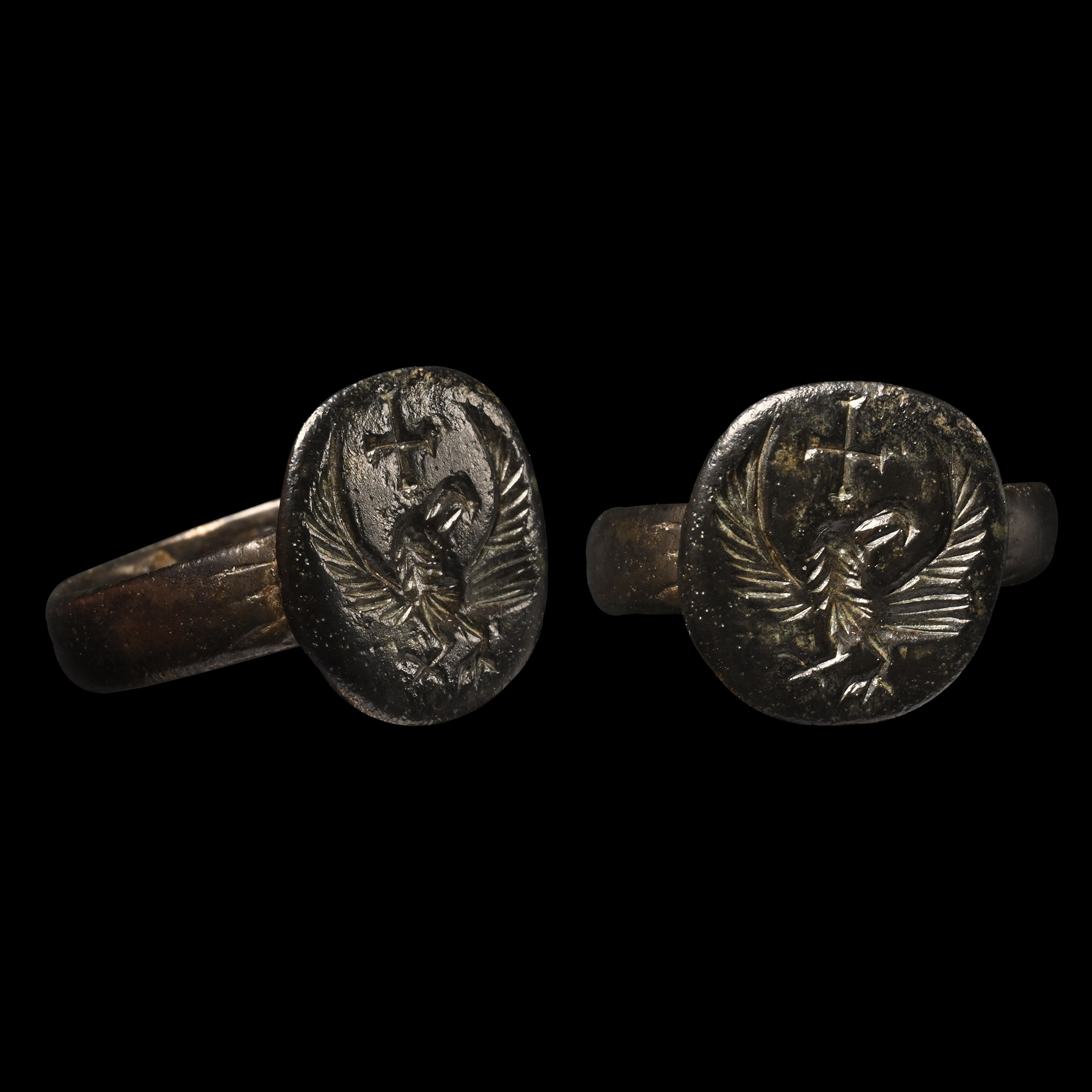 Byzantine Bronze Ring with Bird and Cross