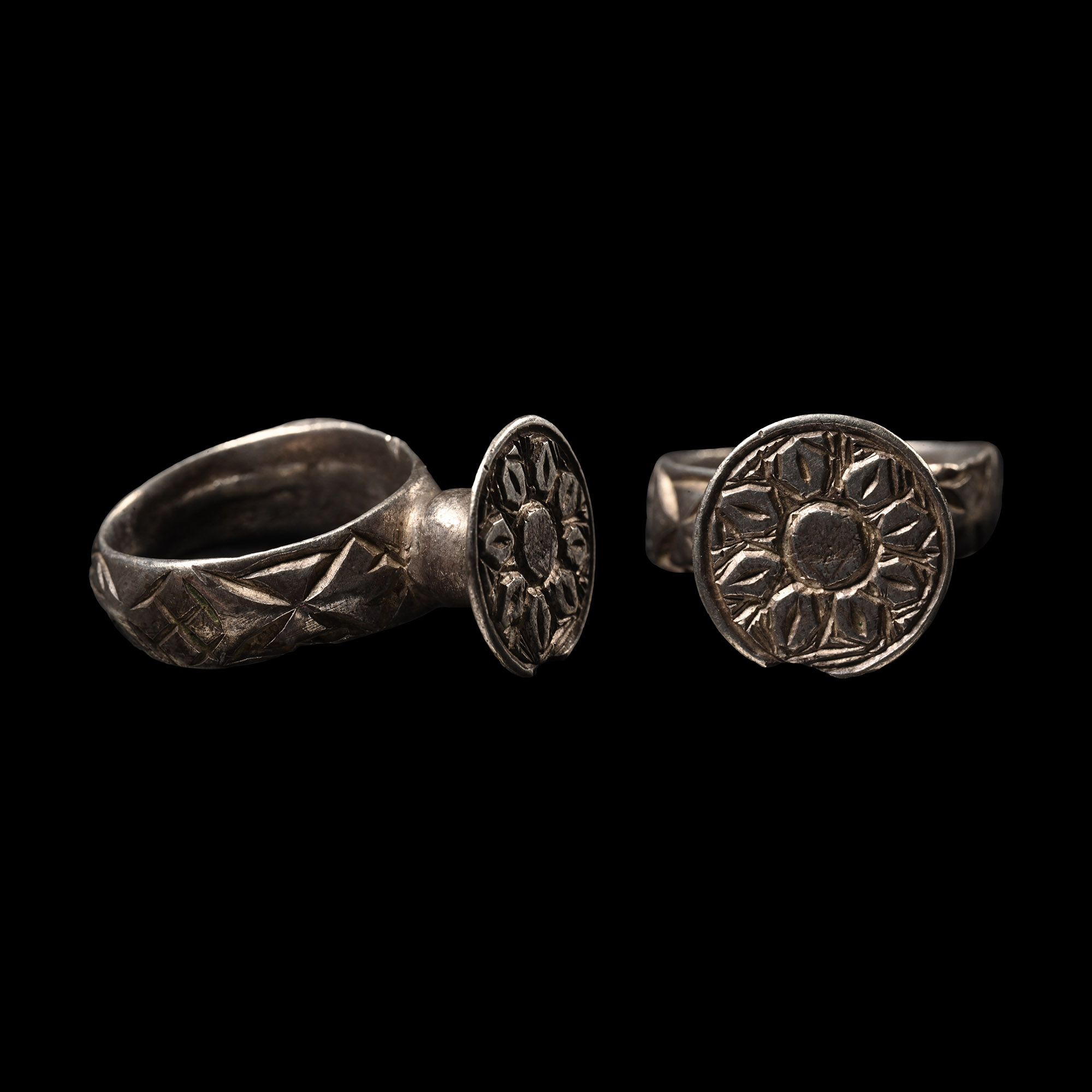 Medieval Silver Ring with Sunburst Design