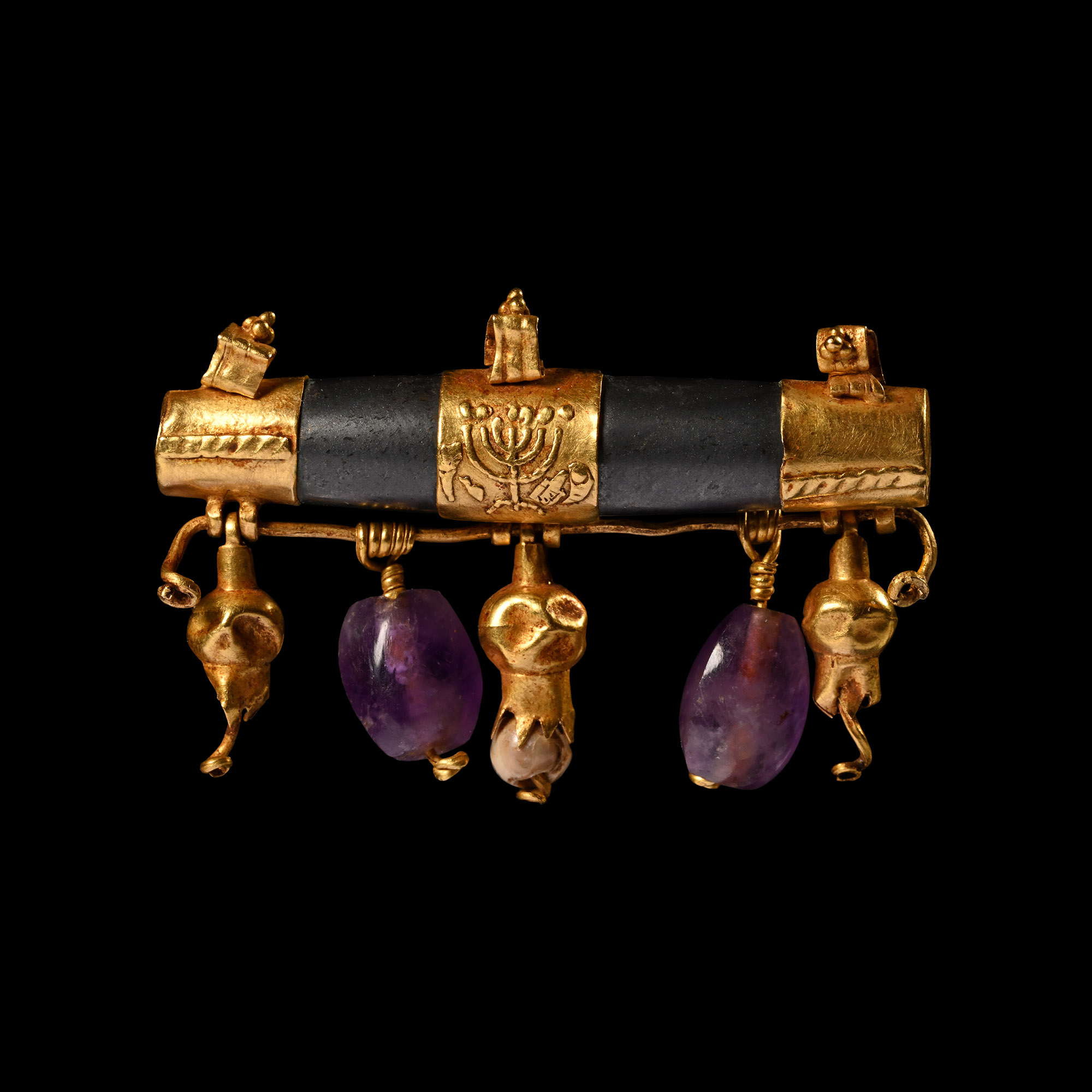Roman Gold Amuletic Case Pendant with Menorah